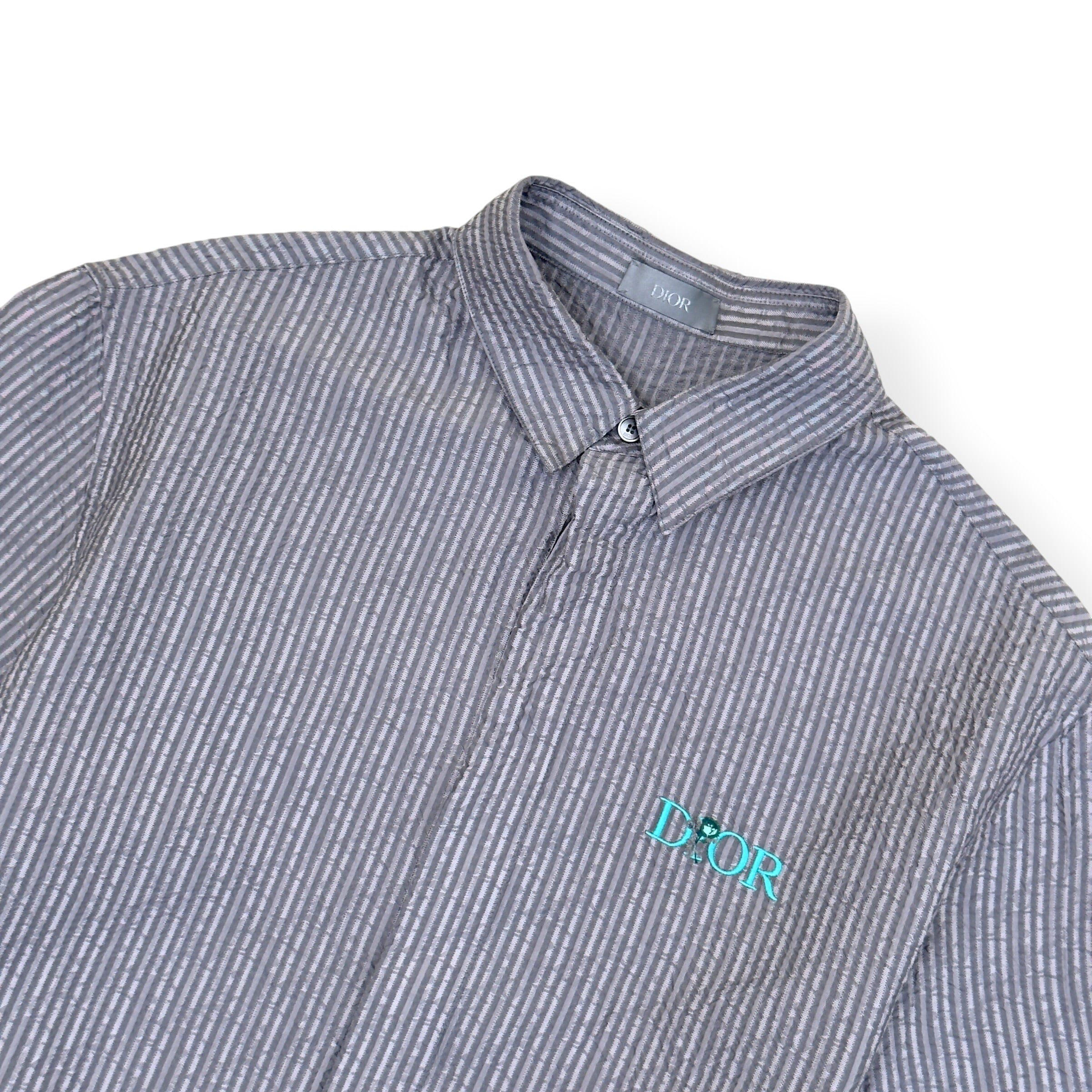 DIOR LOGO EMBROIDERED STRIPED SILK-BLEND SHIRT GREY 39 / M