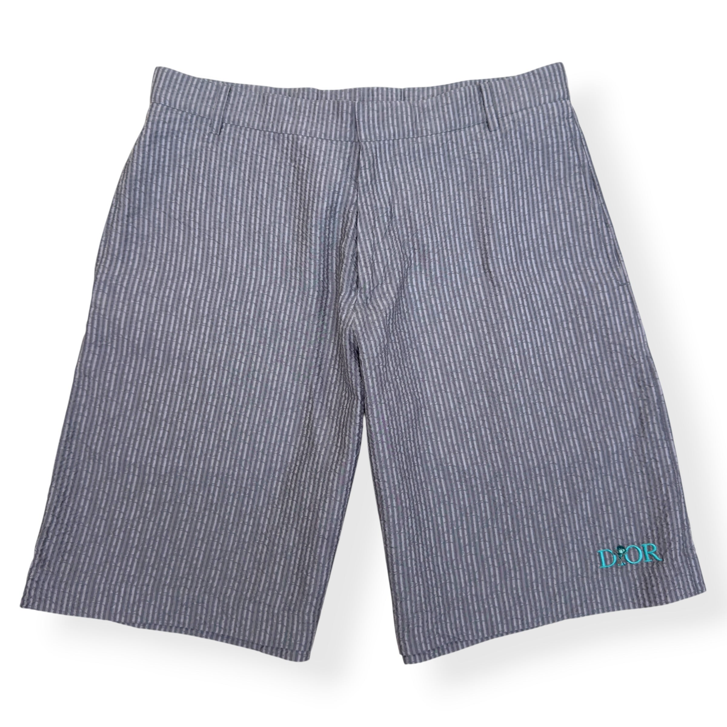 DIOR LOGO EMBROIDERED STRIPED SILK-BLEND SHORTS GREY 50 / L