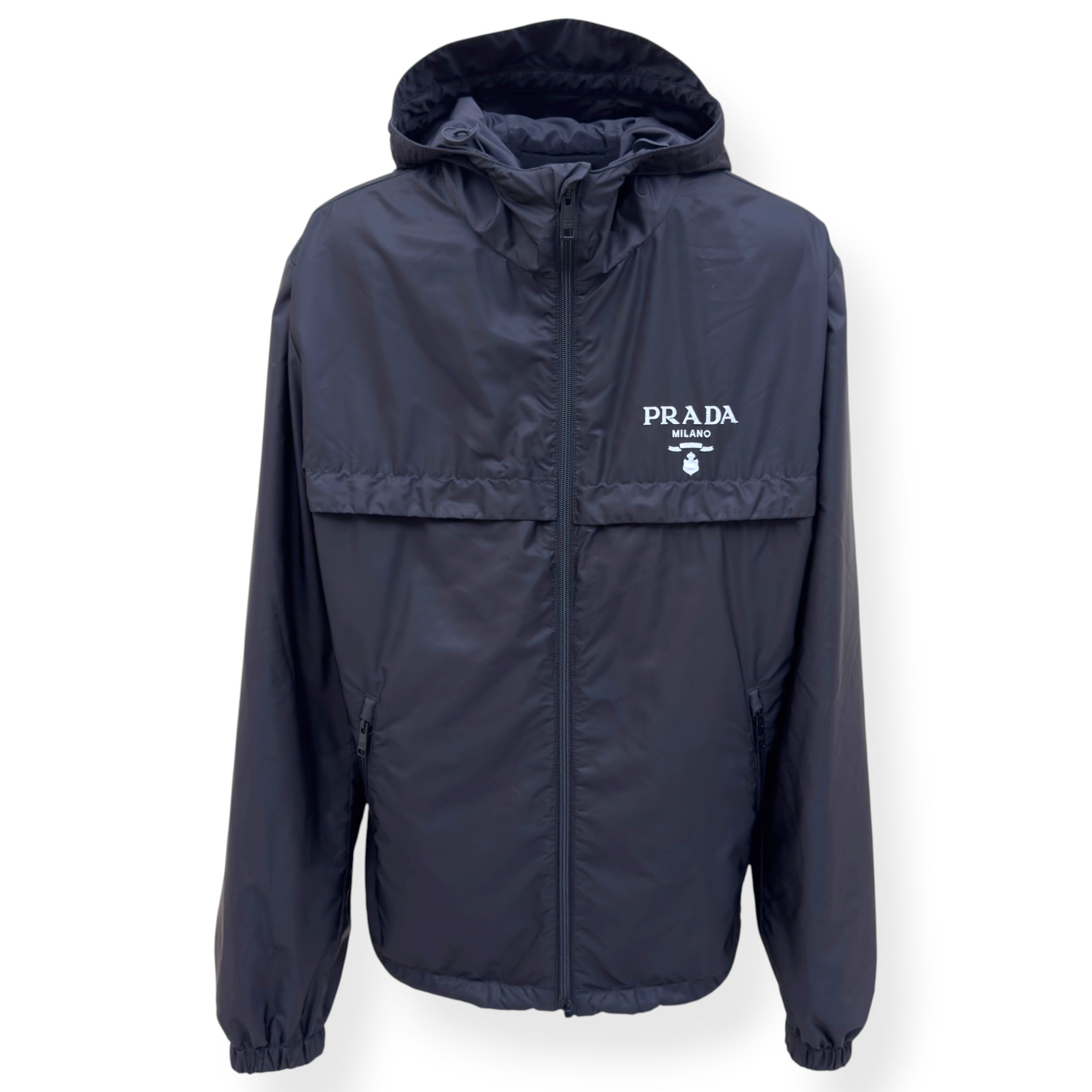 PRADA RE NYLON HOODED WINDBREAKER JACKET NAVY 52 / L