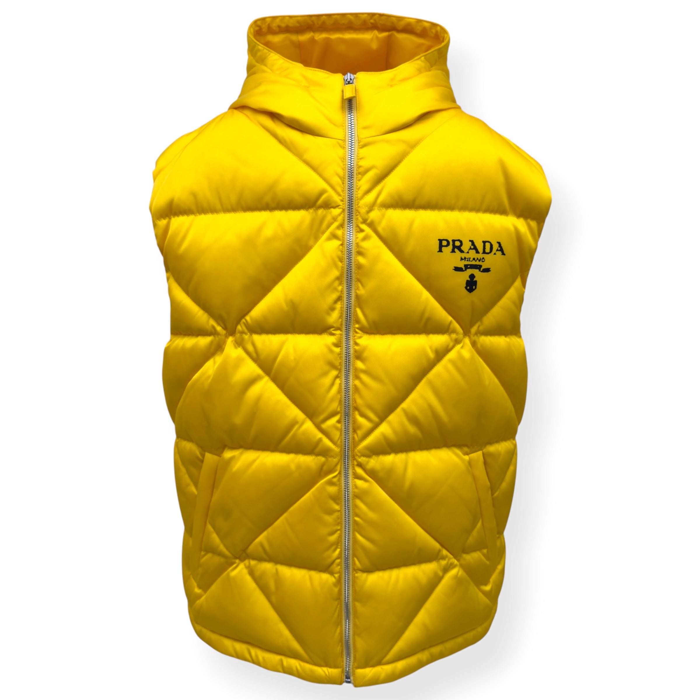 PRADA RE NYLON HOODED DOWN PUFFER GILET YELLOW L