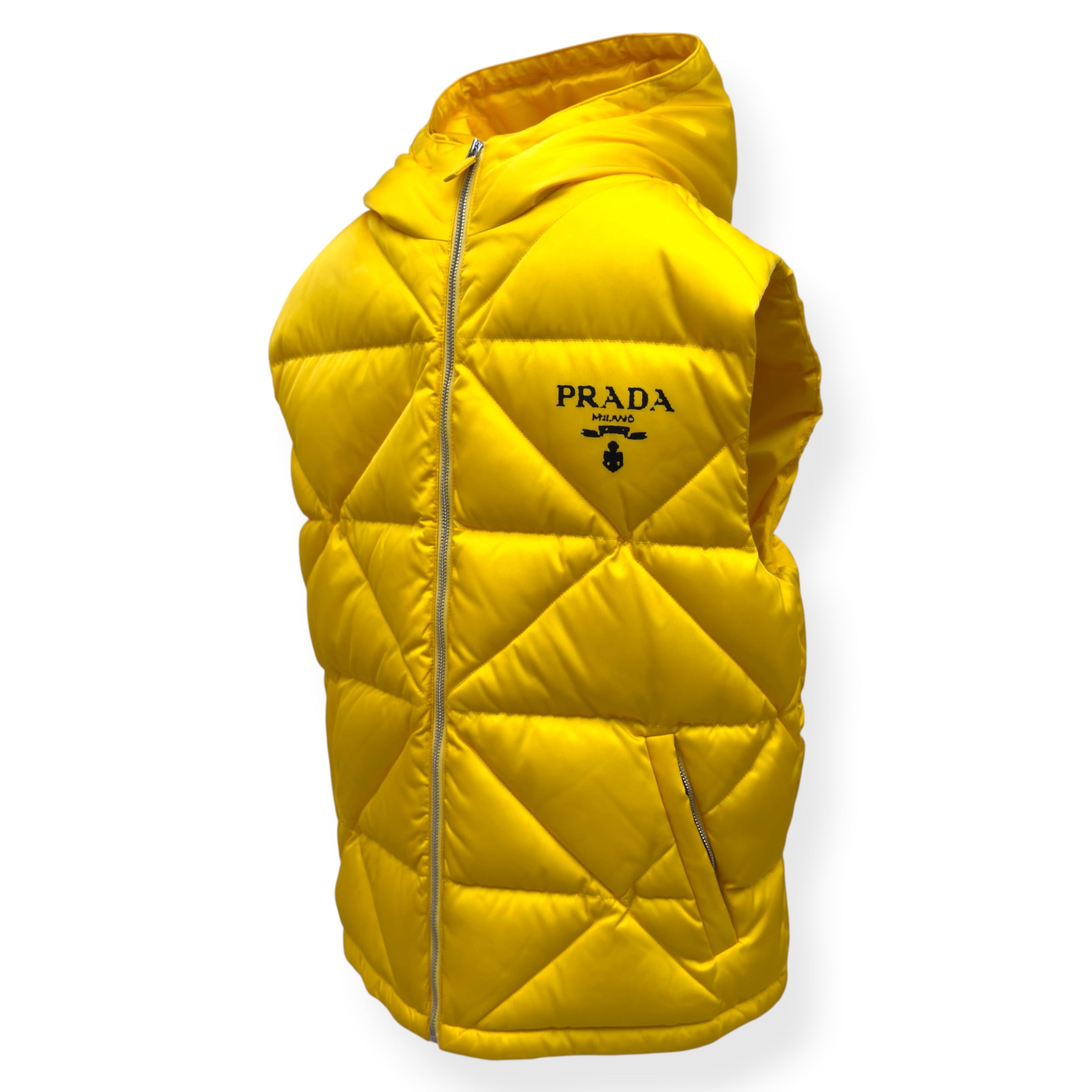 PRADA RE NYLON HOODED DOWN PUFFER GILET YELLOW L