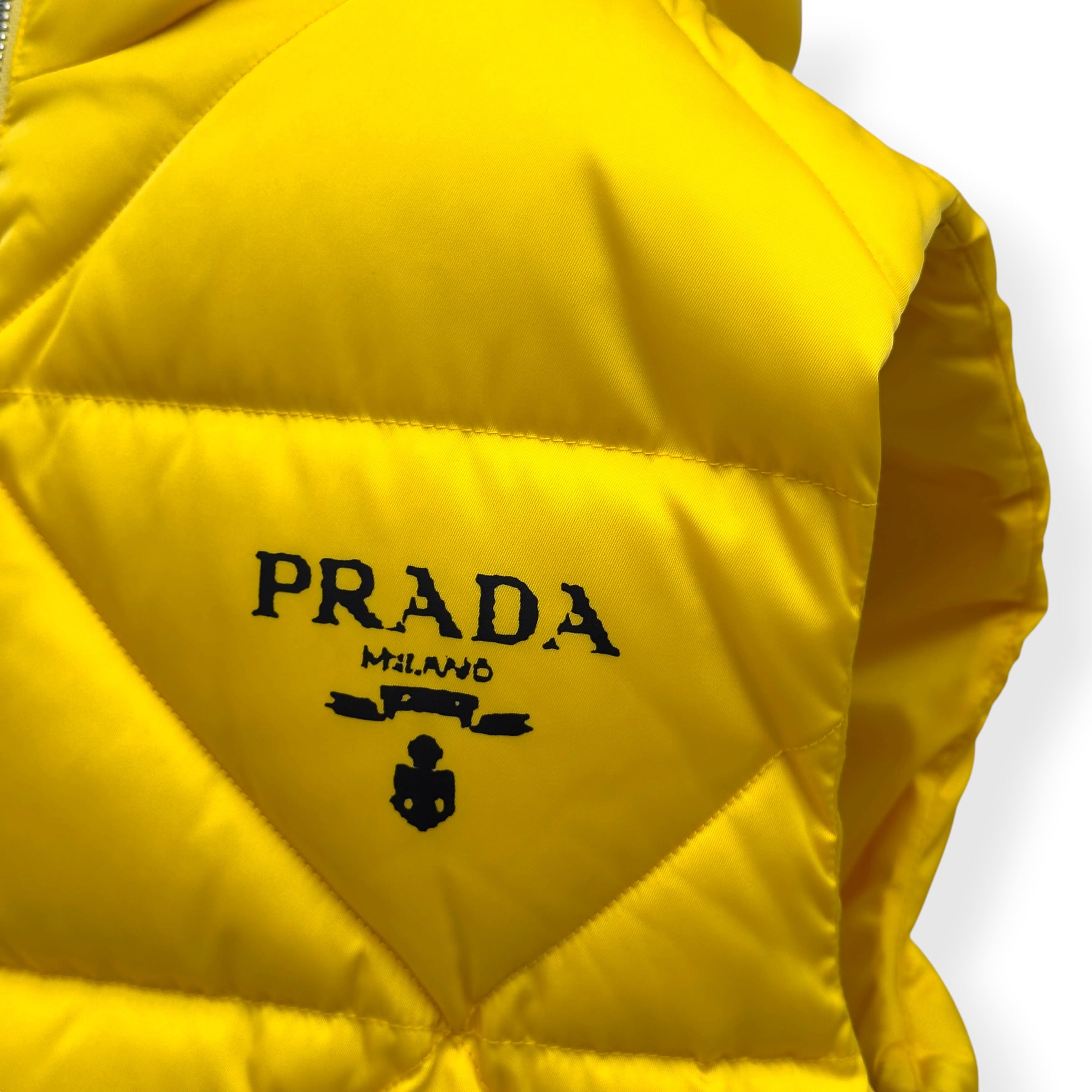 PRADA RE NYLON HOODED DOWN PUFFER GILET YELLOW L