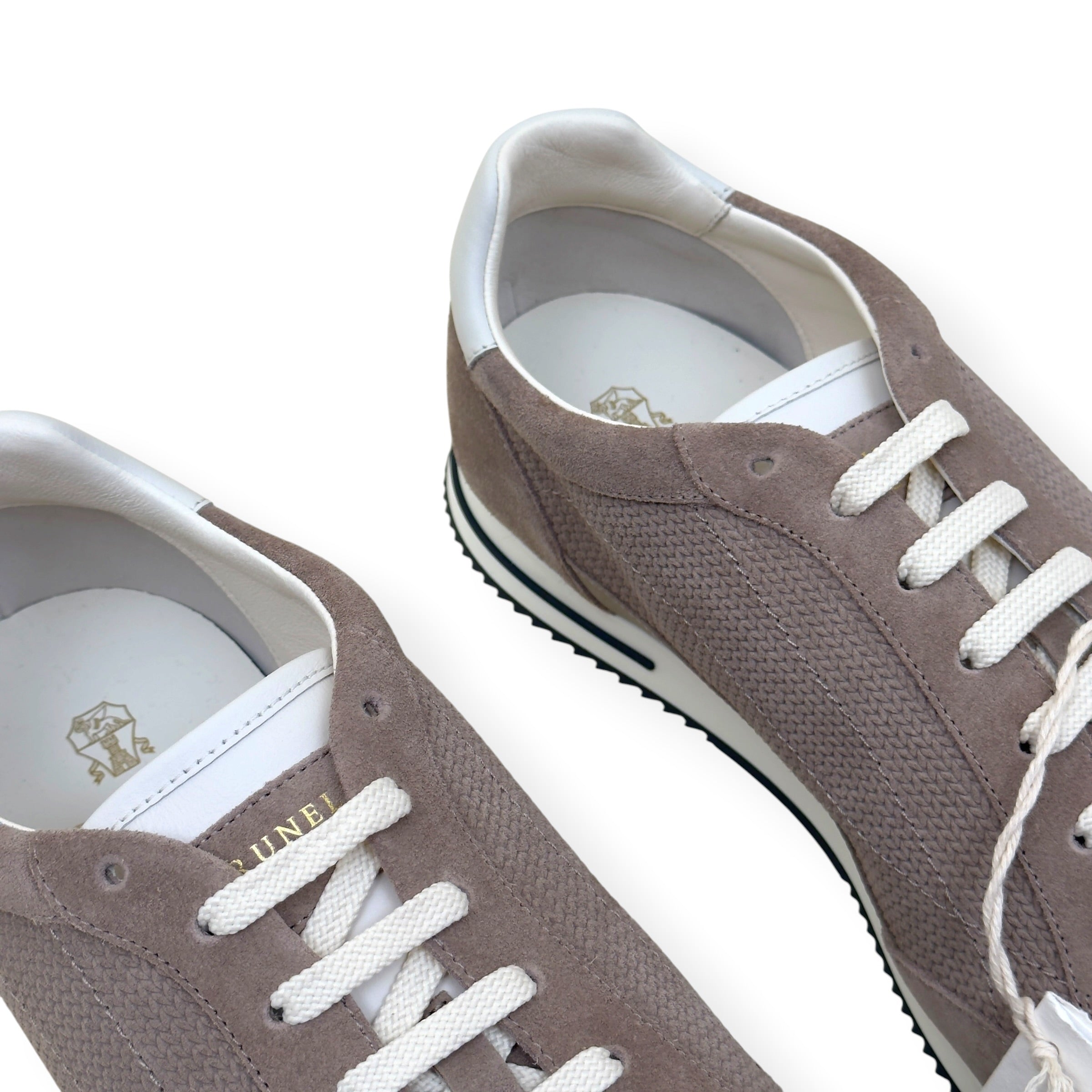 BRUNELLO CUCINELLI LEATHER-TRIMMED SUEDE SNEAKER TAUPE 46 / UK12