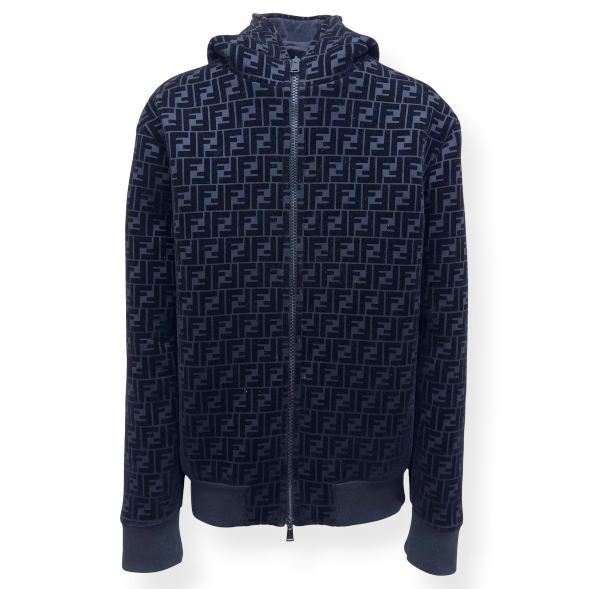 FENDI FF LOGO VELVET ZIP-UP HOODIE BLACK 52 / L