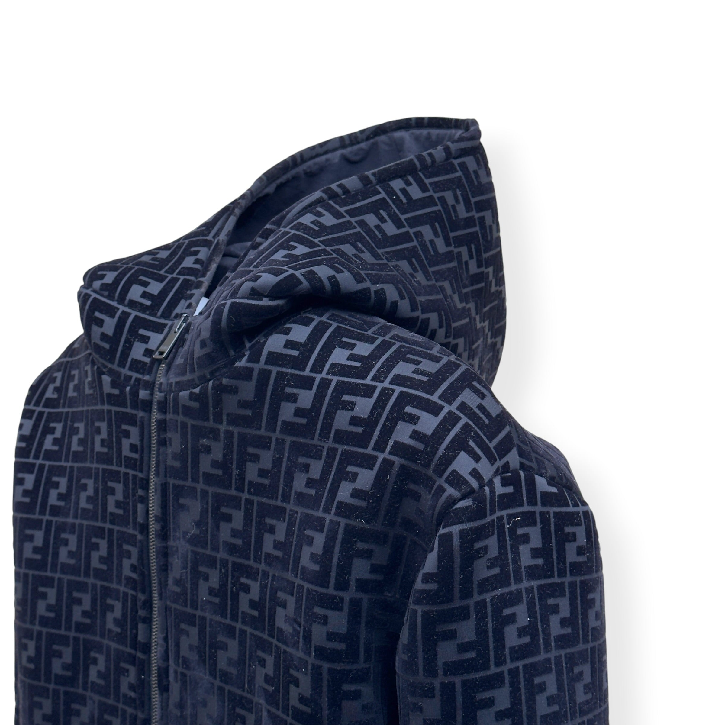 FENDI FF LOGO VELVET ZIP-UP HOODIE BLACK 52 / L