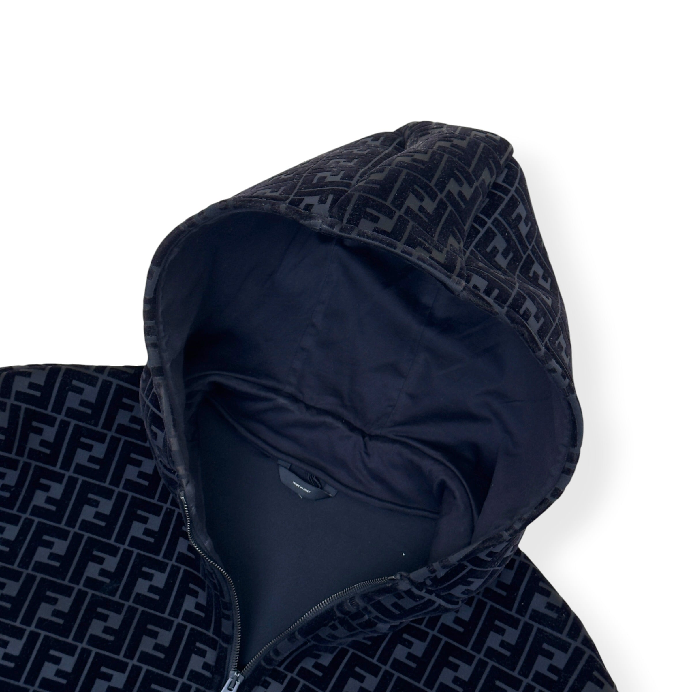 FENDI FF LOGO VELVET ZIP-UP HOODIE BLACK 52 / L