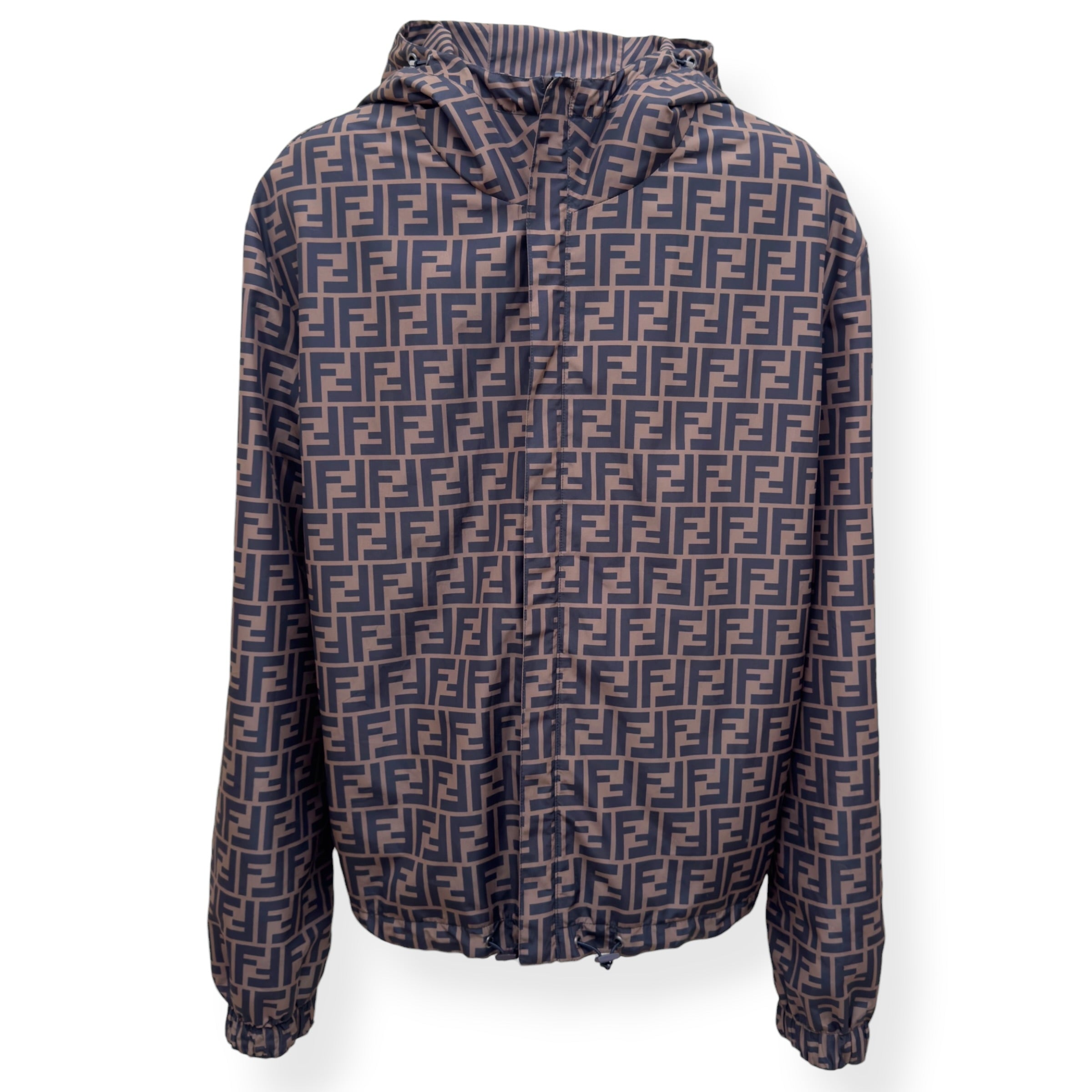 FENDI REVERSIBLE LOGO-PRINT SHELL WINDBREAKER JACKET BROWN 50 / M