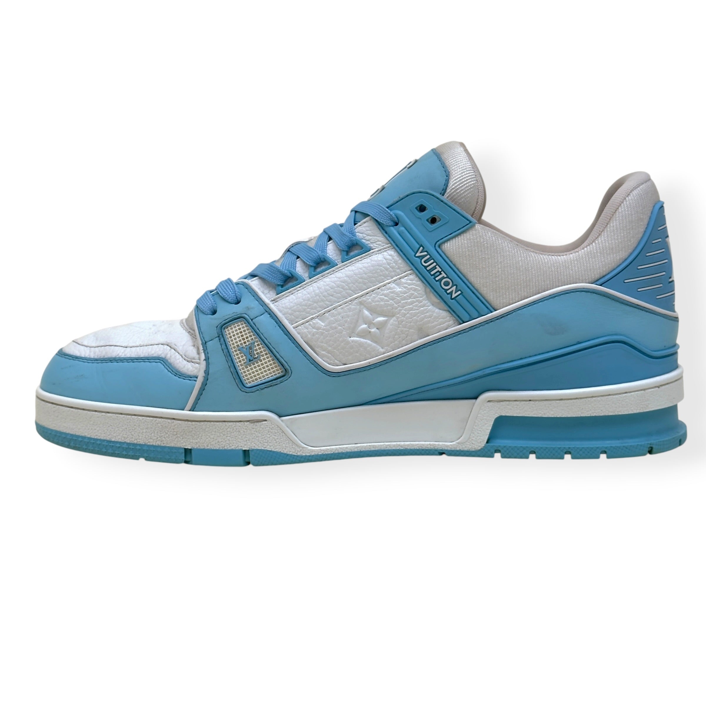 LOUIS VUITTON LEATHER LV TRAINER LIGHT BLUE / WHITE UK11
