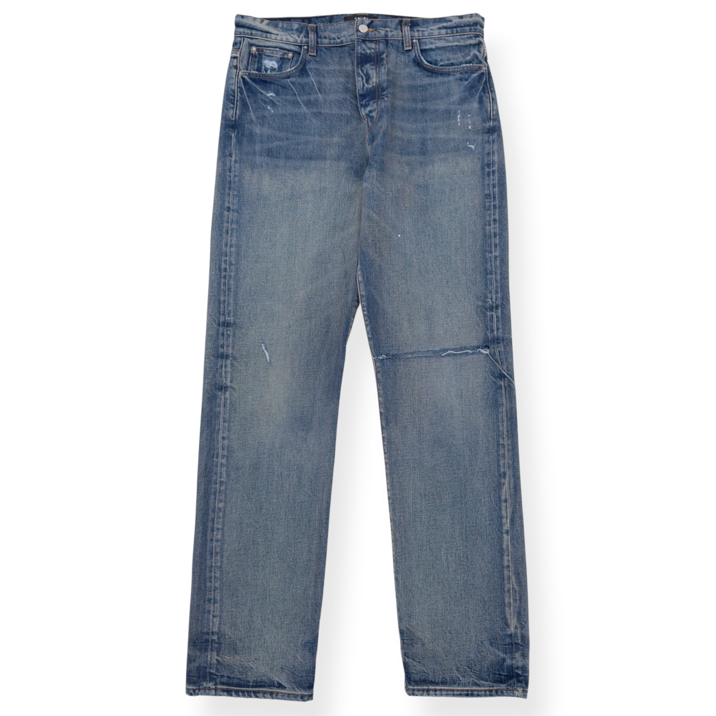 AMIRI DISTRESSED STRAIGHT LEG JEANS BLUE 34 / L