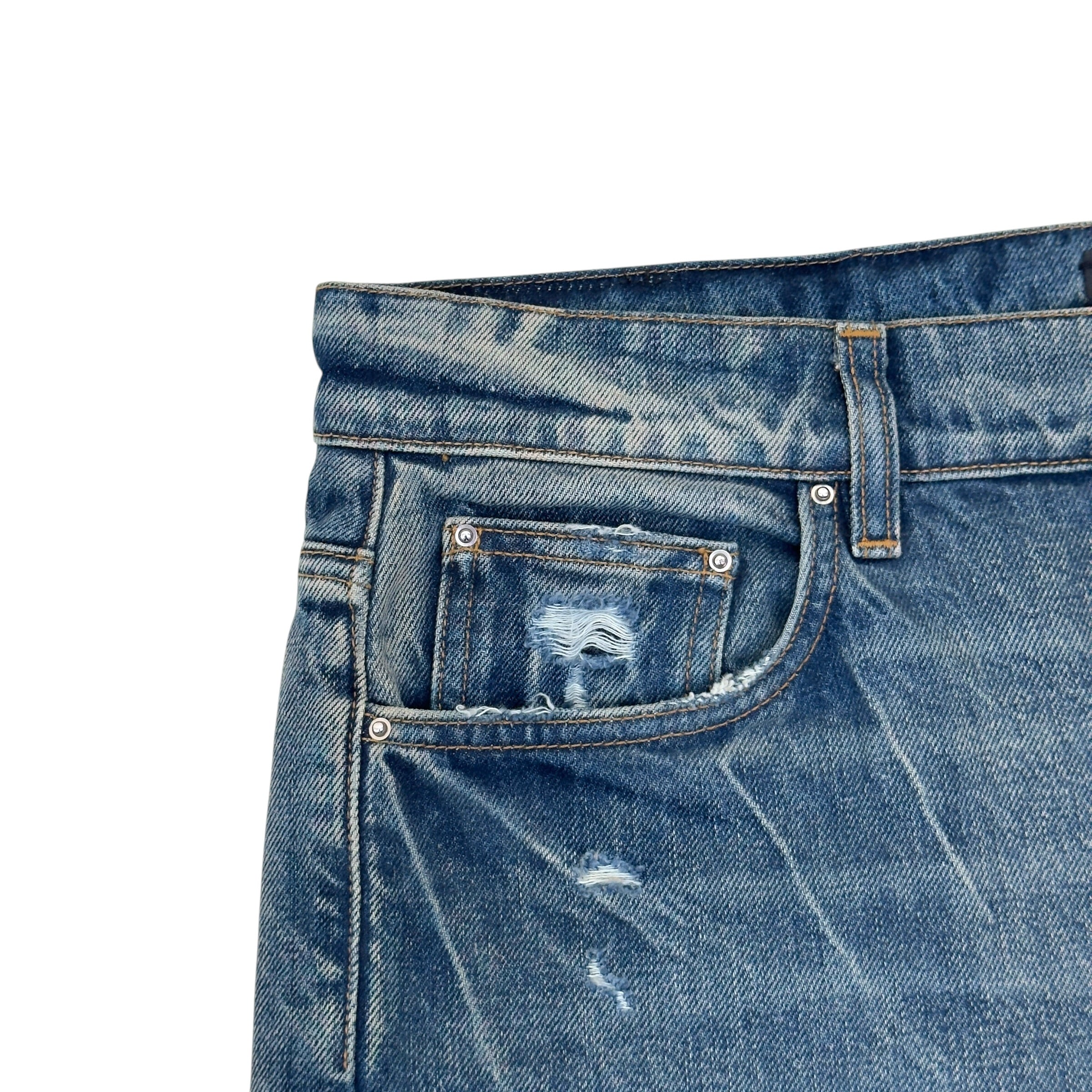 AMIRI DISTRESSED STRAIGHT LEG JEANS BLUE 34 / L