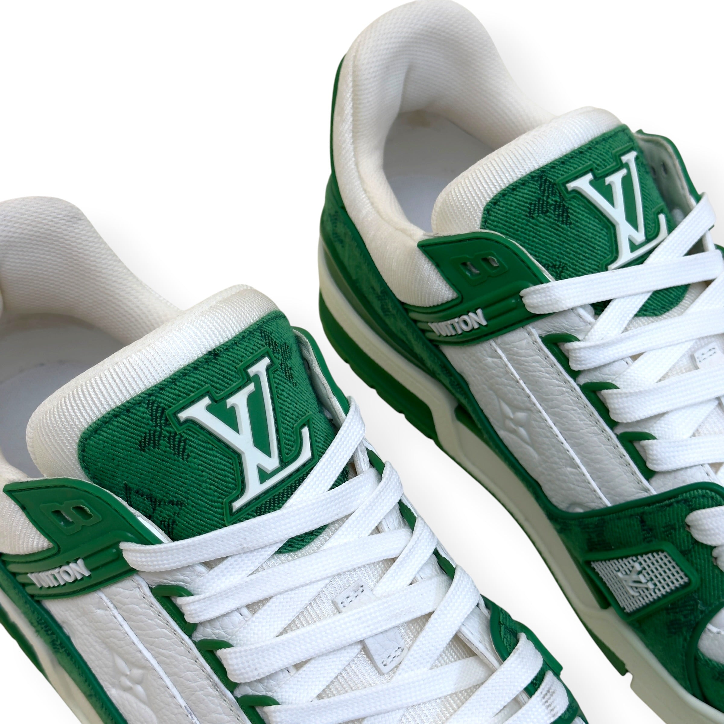 LOUIS VUITTON LV TRAINER MONOGRAM DENIM SNEAKER GREEN / WHITE UK8.5