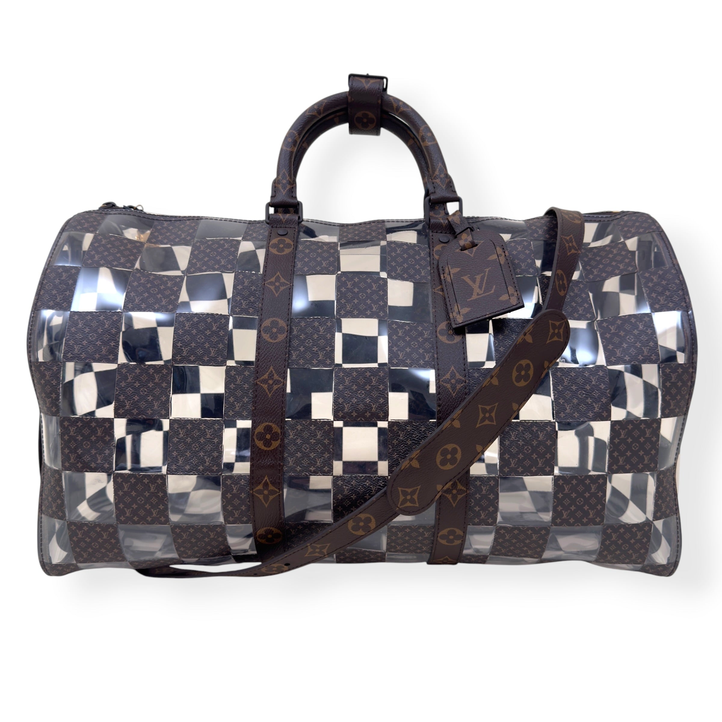 LOUIS VUITTON KEEPALL BANDOULIERE MONOGRAM CHESS DUFFLE BAG BROWN / CLEAR 50