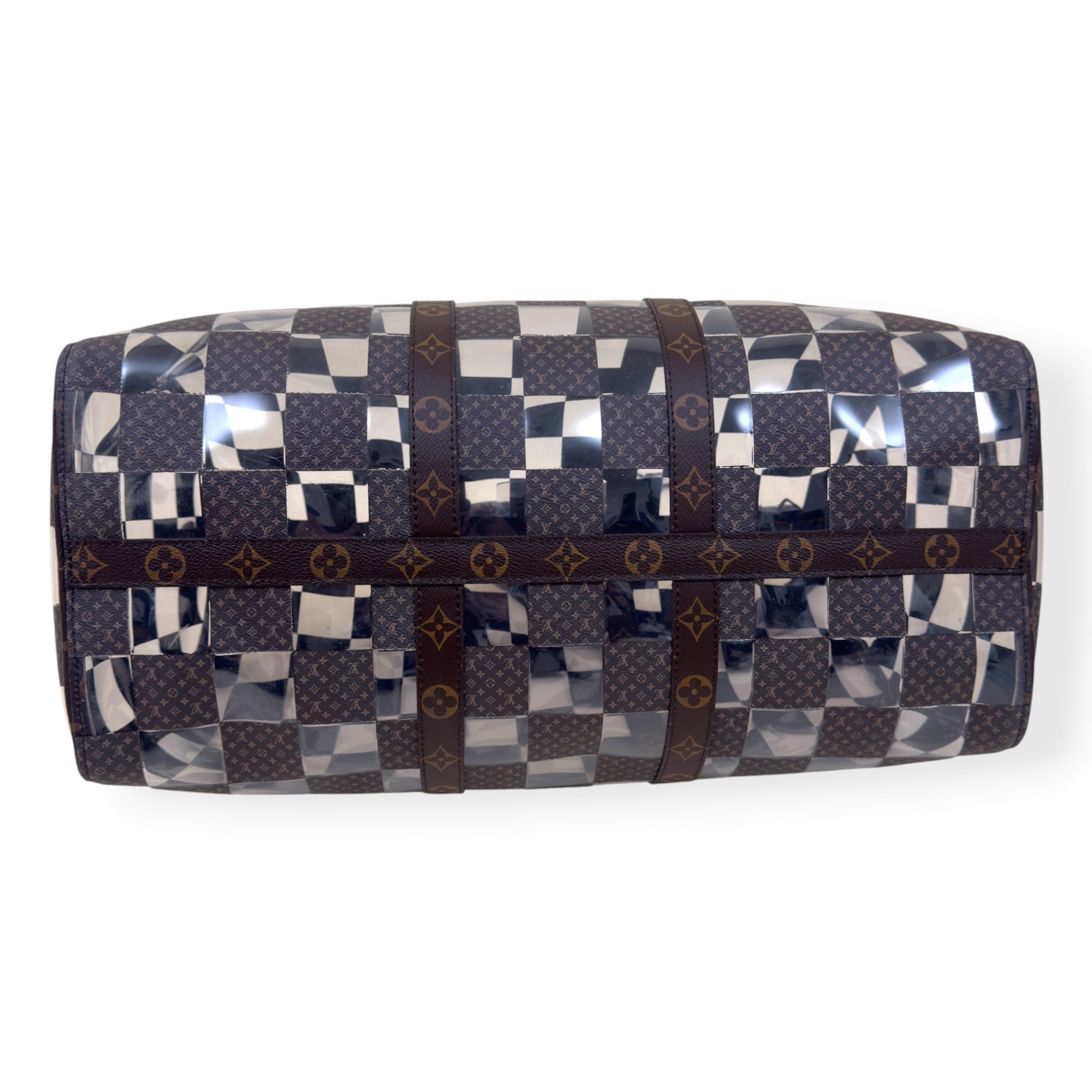 LOUIS VUITTON KEEPALL BANDOULIERE MONOGRAM CHESS DUFFLE BAG BROWN / CLEAR 50