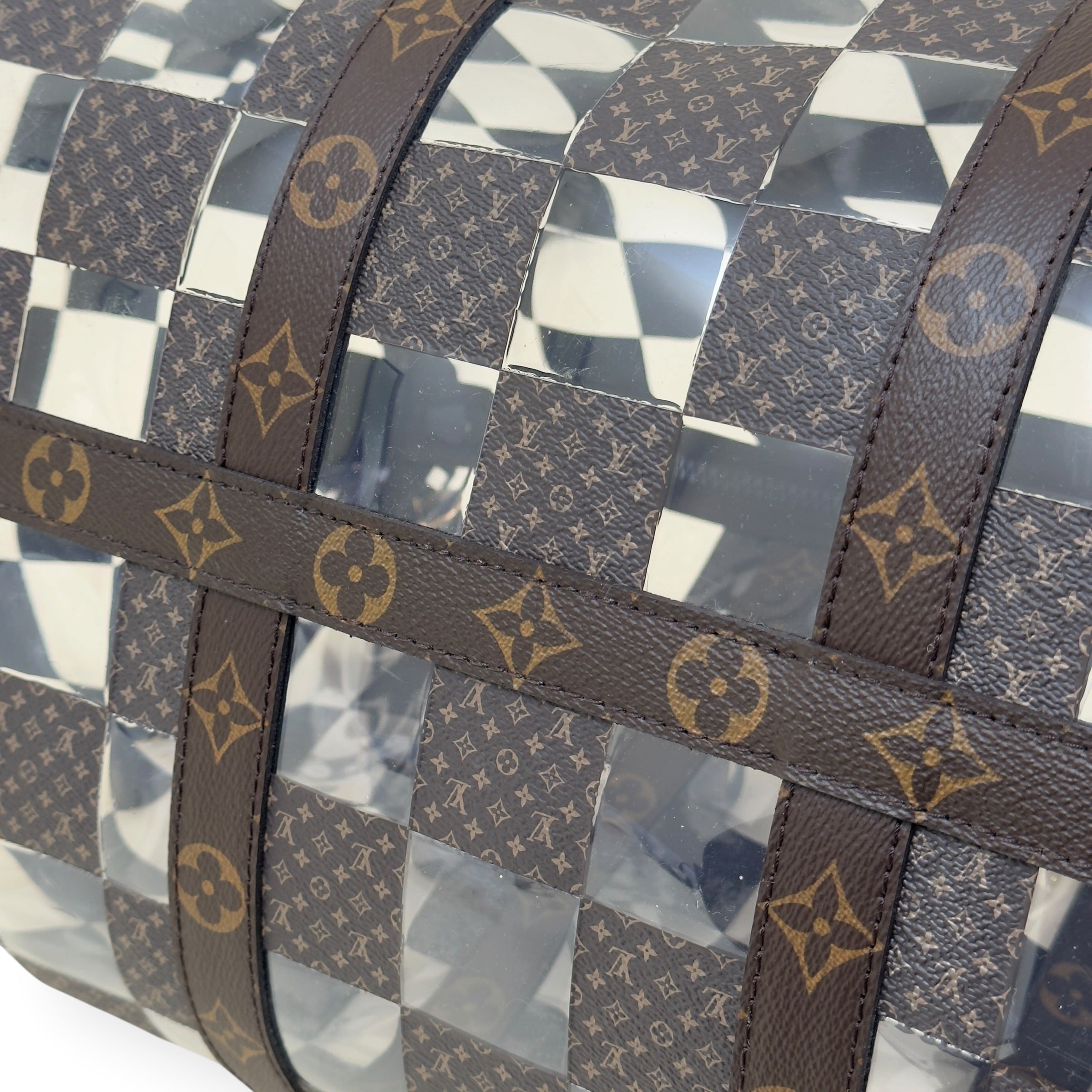 LOUIS VUITTON KEEPALL BANDOULIERE MONOGRAM CHESS DUFFLE BAG BROWN / CLEAR 50