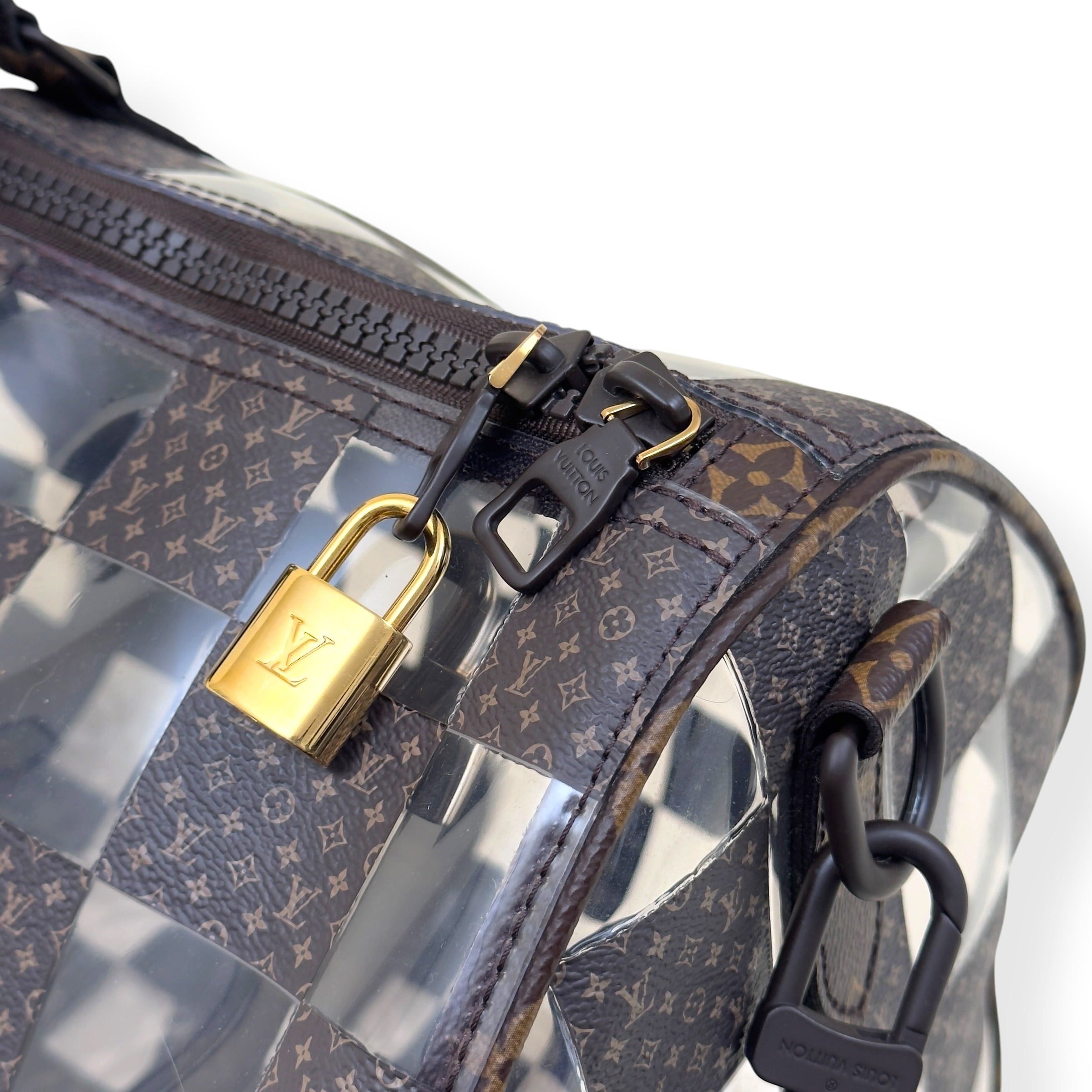 LOUIS VUITTON KEEPALL BANDOULIERE MONOGRAM CHESS DUFFLE BAG BROWN / CLEAR 50