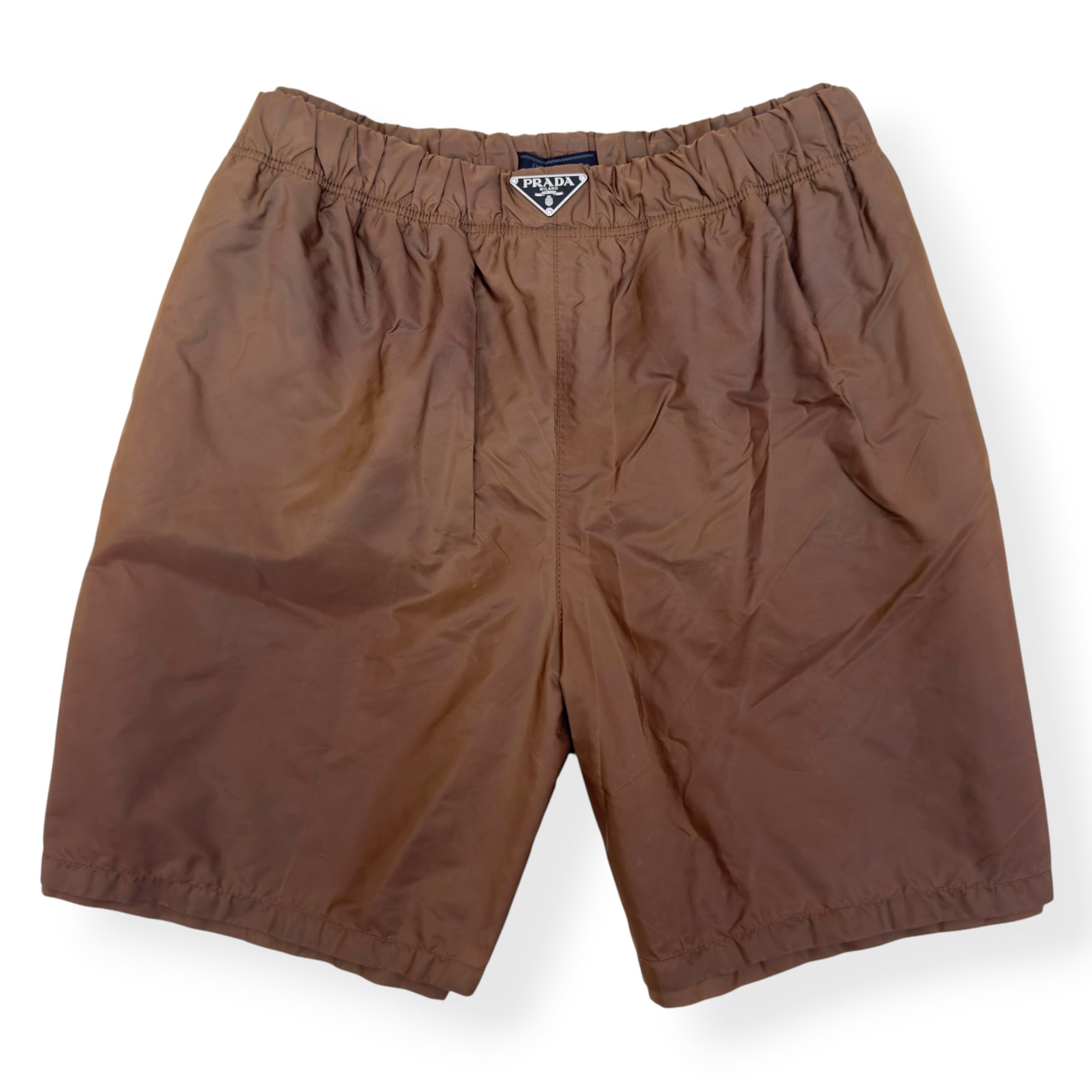 PRADA RE-NYLON LOGO PLAQUE SWIM SHORTS BROWN 54 / L
