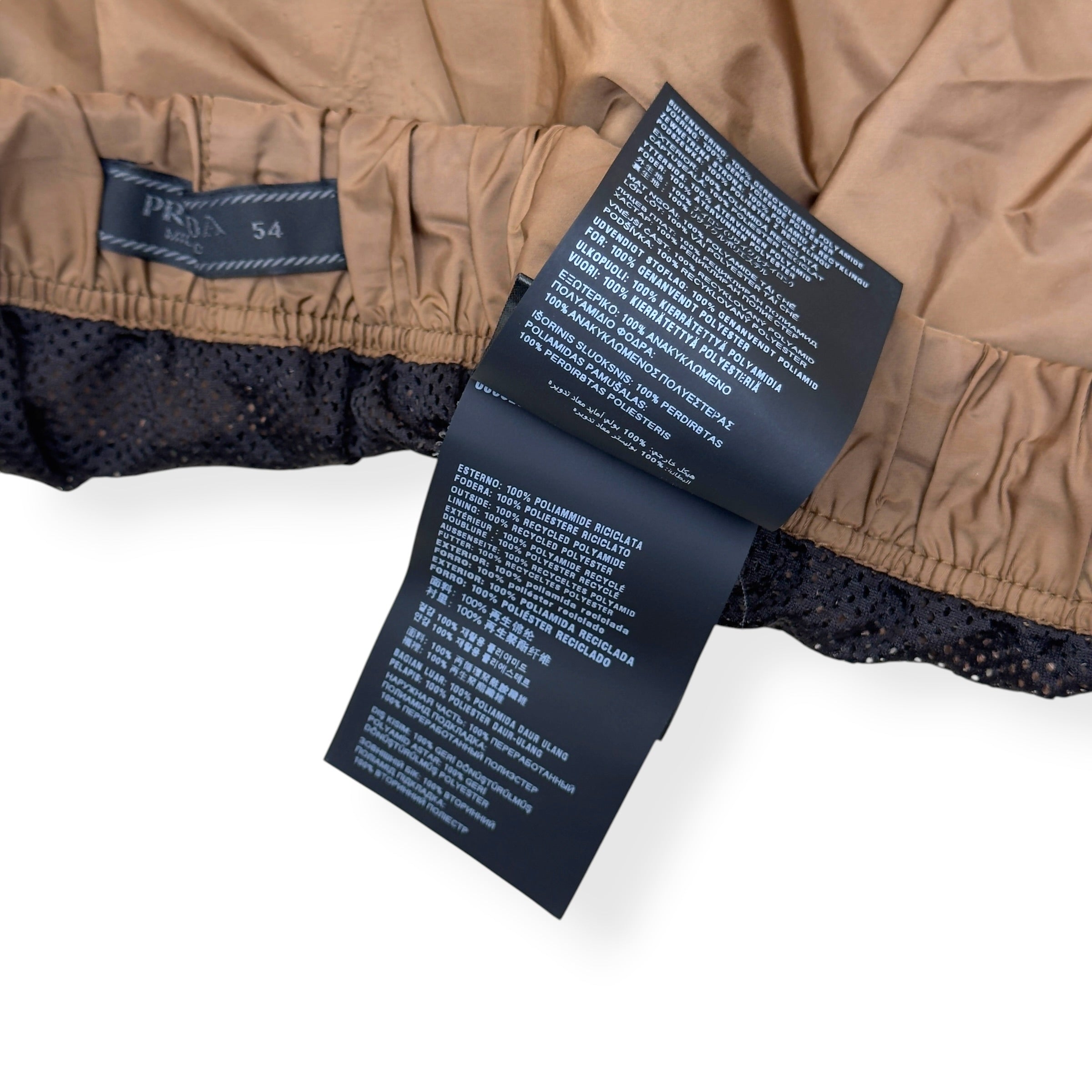 PRADA RE-NYLON LOGO PLAQUE SWIM SHORTS BROWN 54 / L