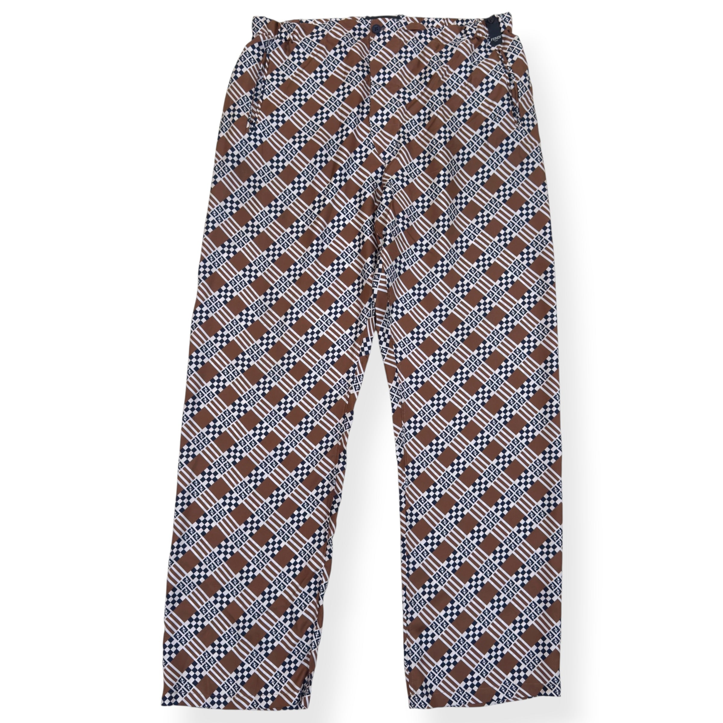 FENDI SILK MONOGRAM PRINTED TROUSERS BROWN 50 / M