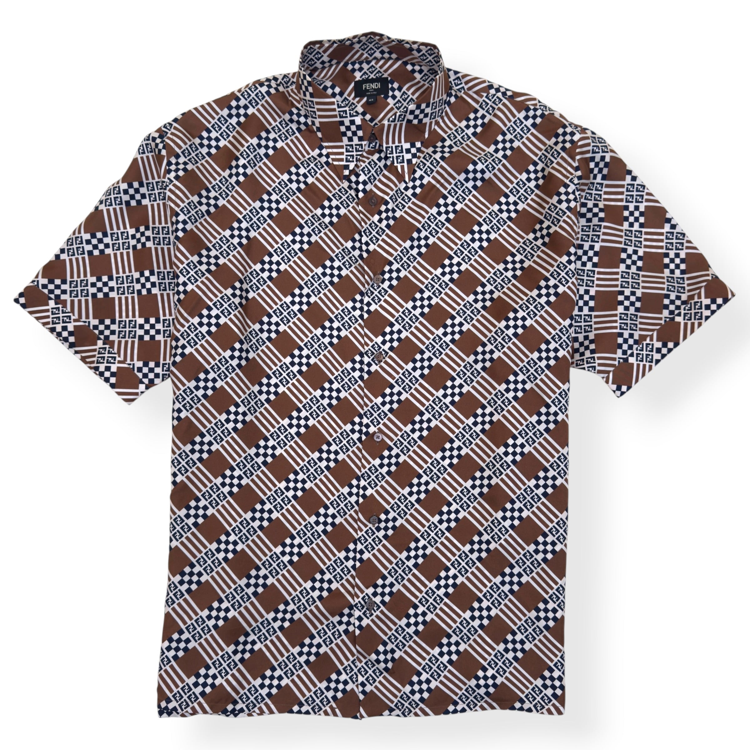 FENDI PRINTED MONOGRAM SILK SHIRT BROWN 43 / L