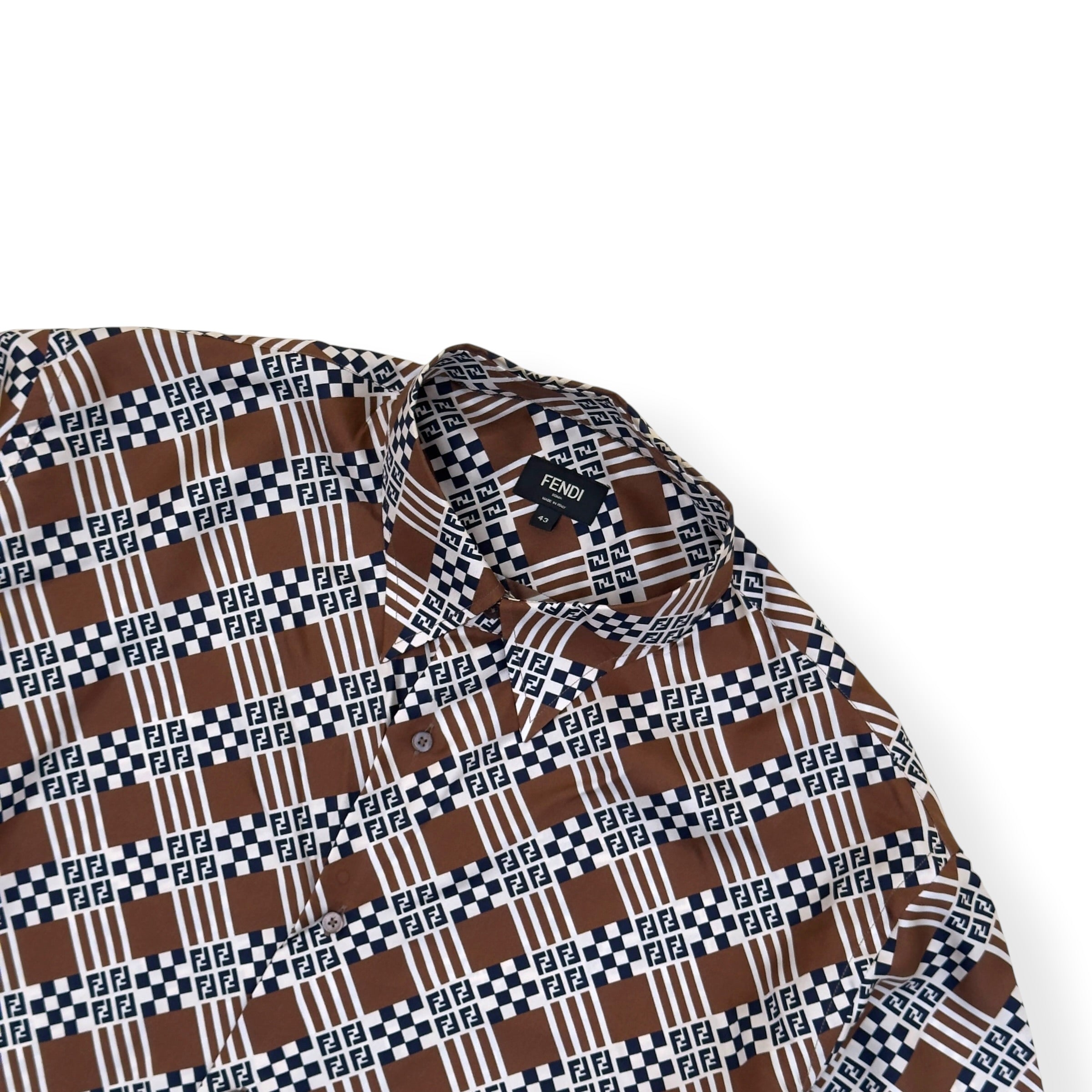 FENDI PRINTED MONOGRAM SILK SHIRT BROWN 43 / L