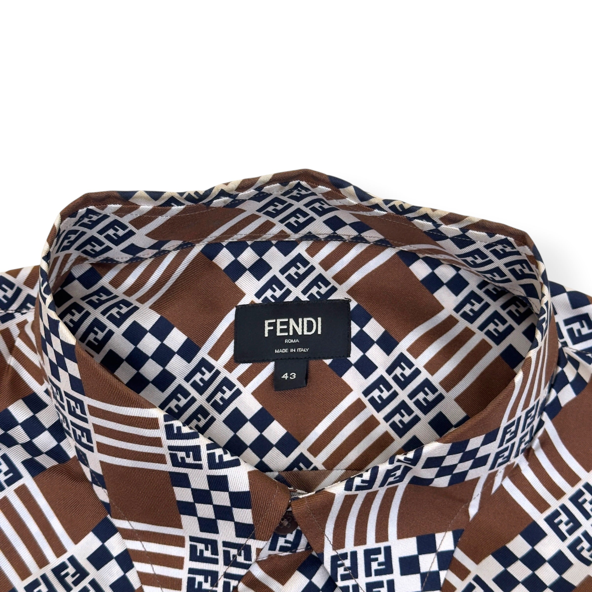 FENDI PRINTED MONOGRAM SILK SHIRT BROWN 43 / L