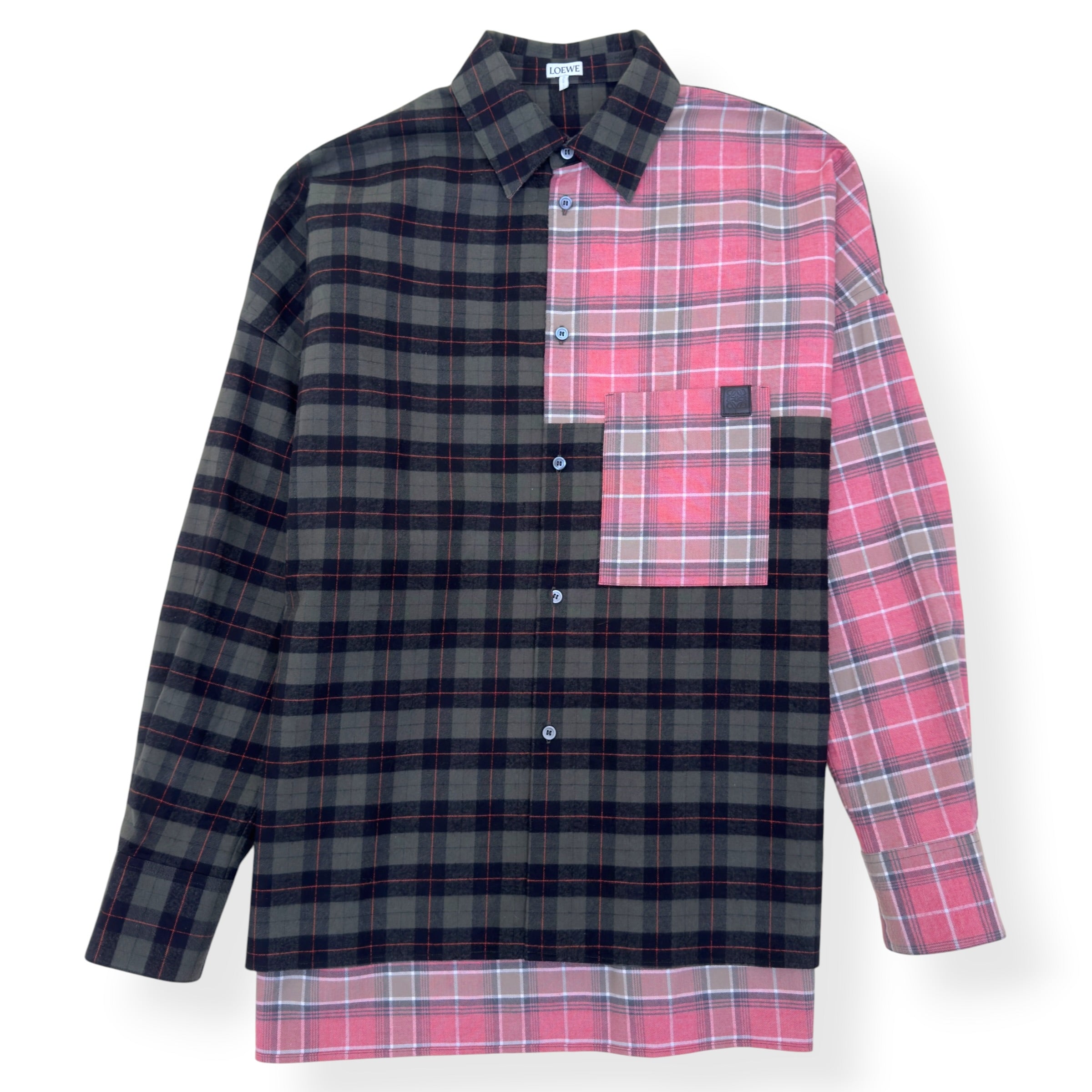 LOEWE PATCHWORK CHECK-PANEL COTTON SHIRT PINK / GREEN 38 / S