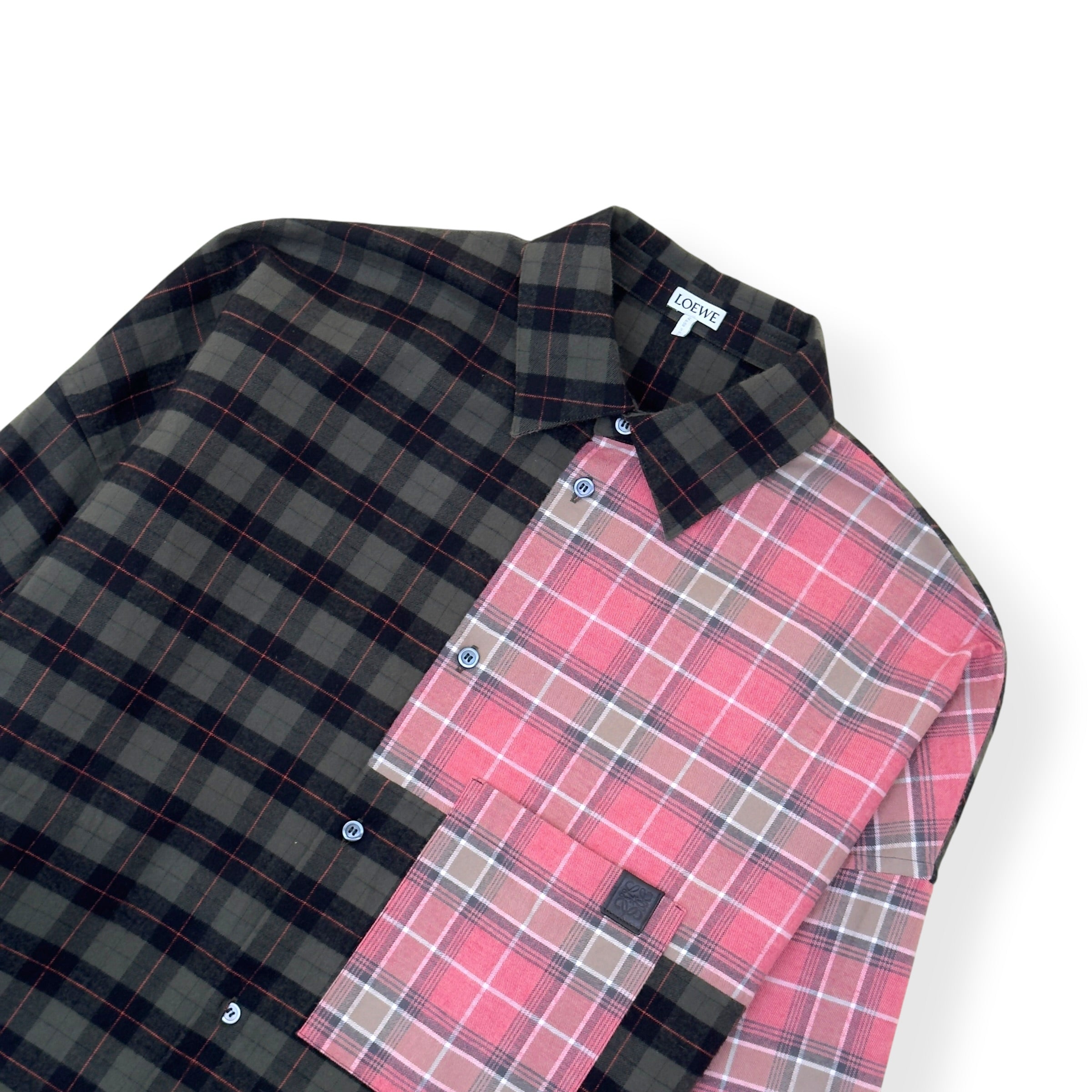 LOEWE PATCHWORK CHECK-PANEL COTTON SHIRT PINK / GREEN 38 / S