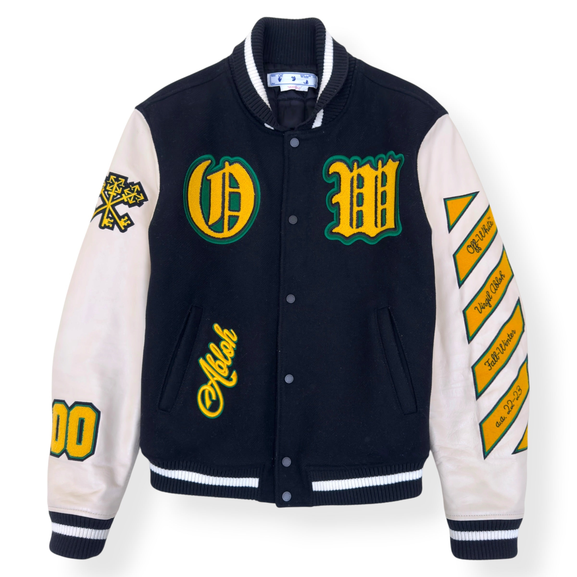 OFF-WHITE LOGO PATCH VARSITY JACKET BLACK / WHITE / YELLOW 52 / L