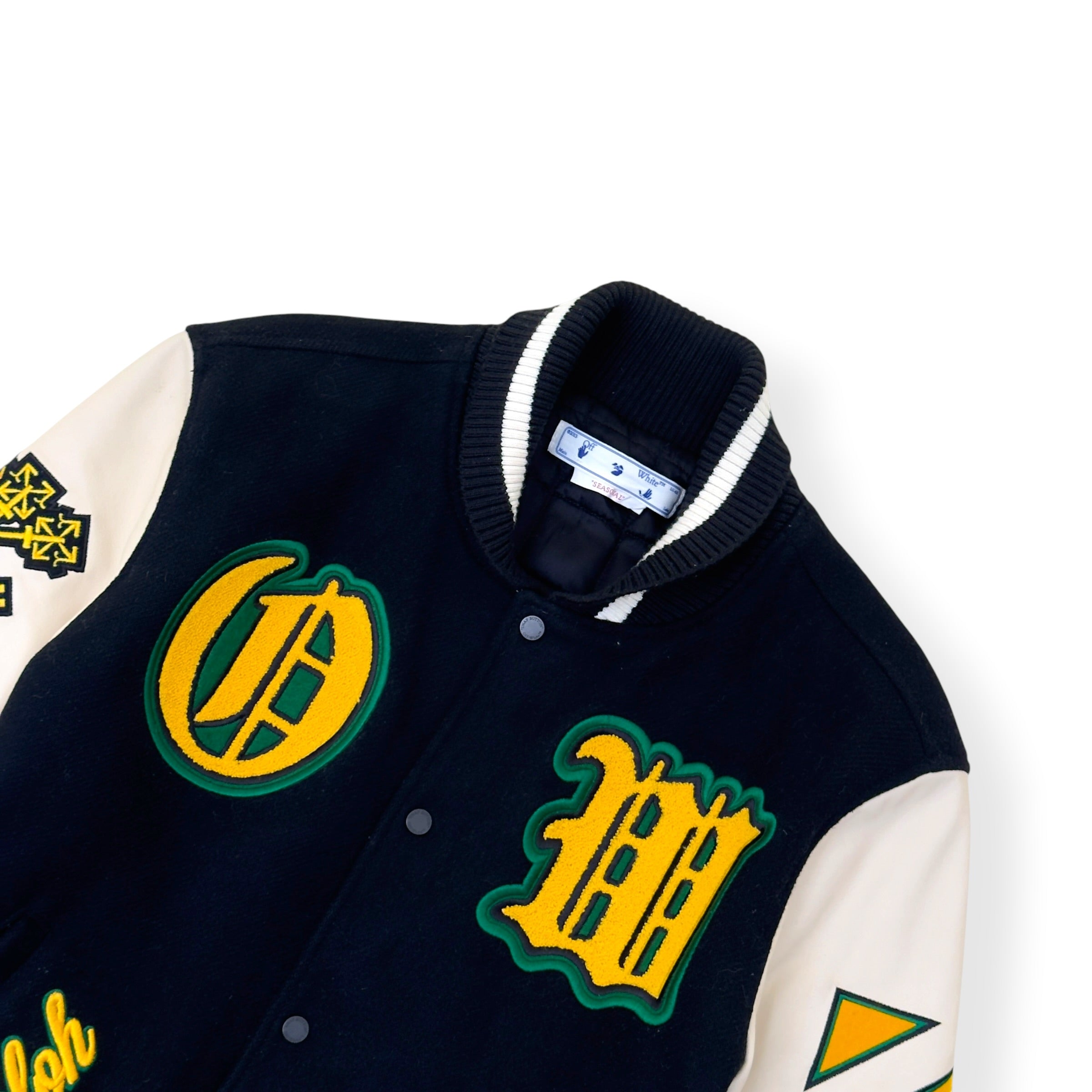 OFF-WHITE LOGO PATCH VARSITY JACKET BLACK / WHITE / YELLOW 52 / L