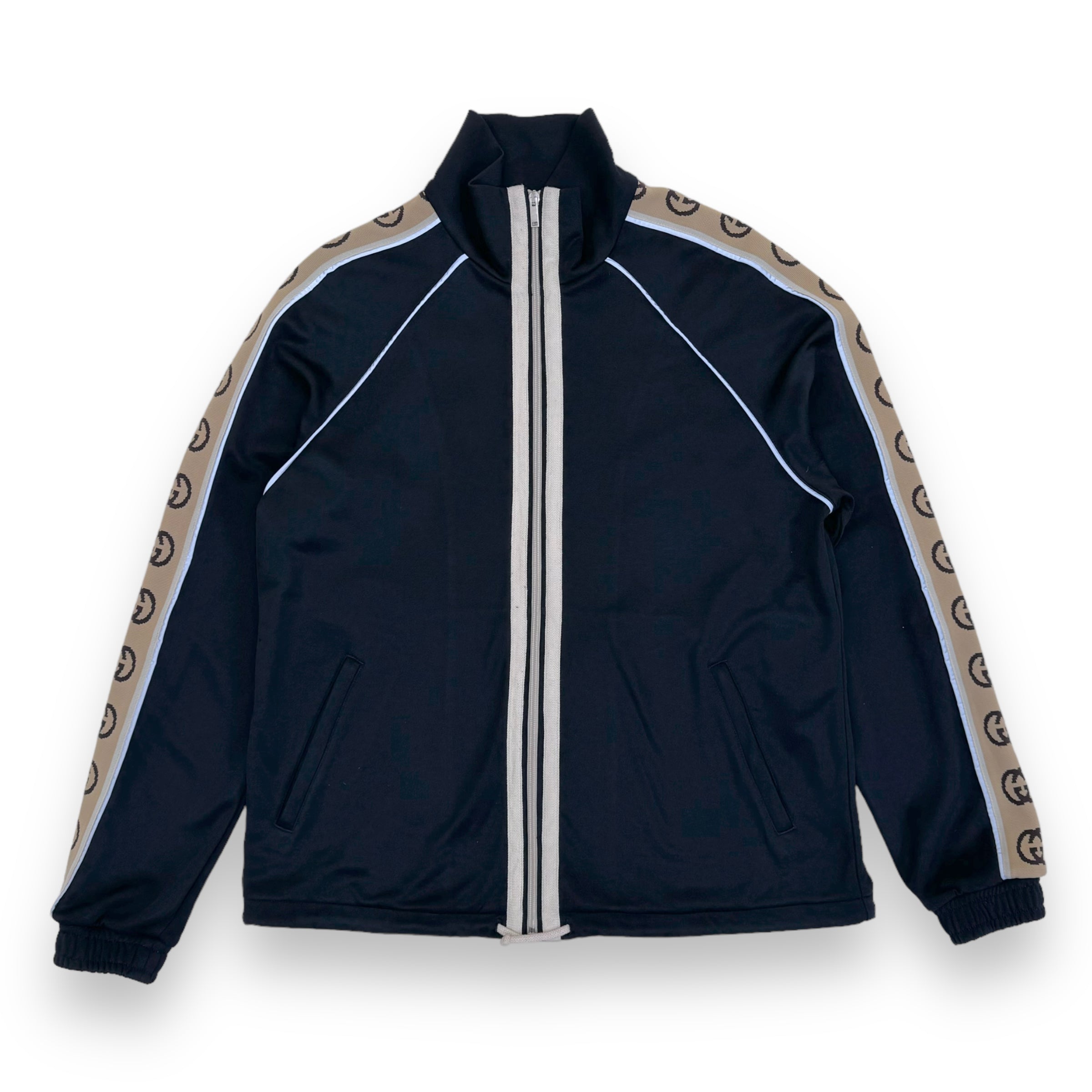 GUCCI LOGO JACQUARD WEBBING-TRIMMED TECH-JERSEY TRACK JACKET BLACK S