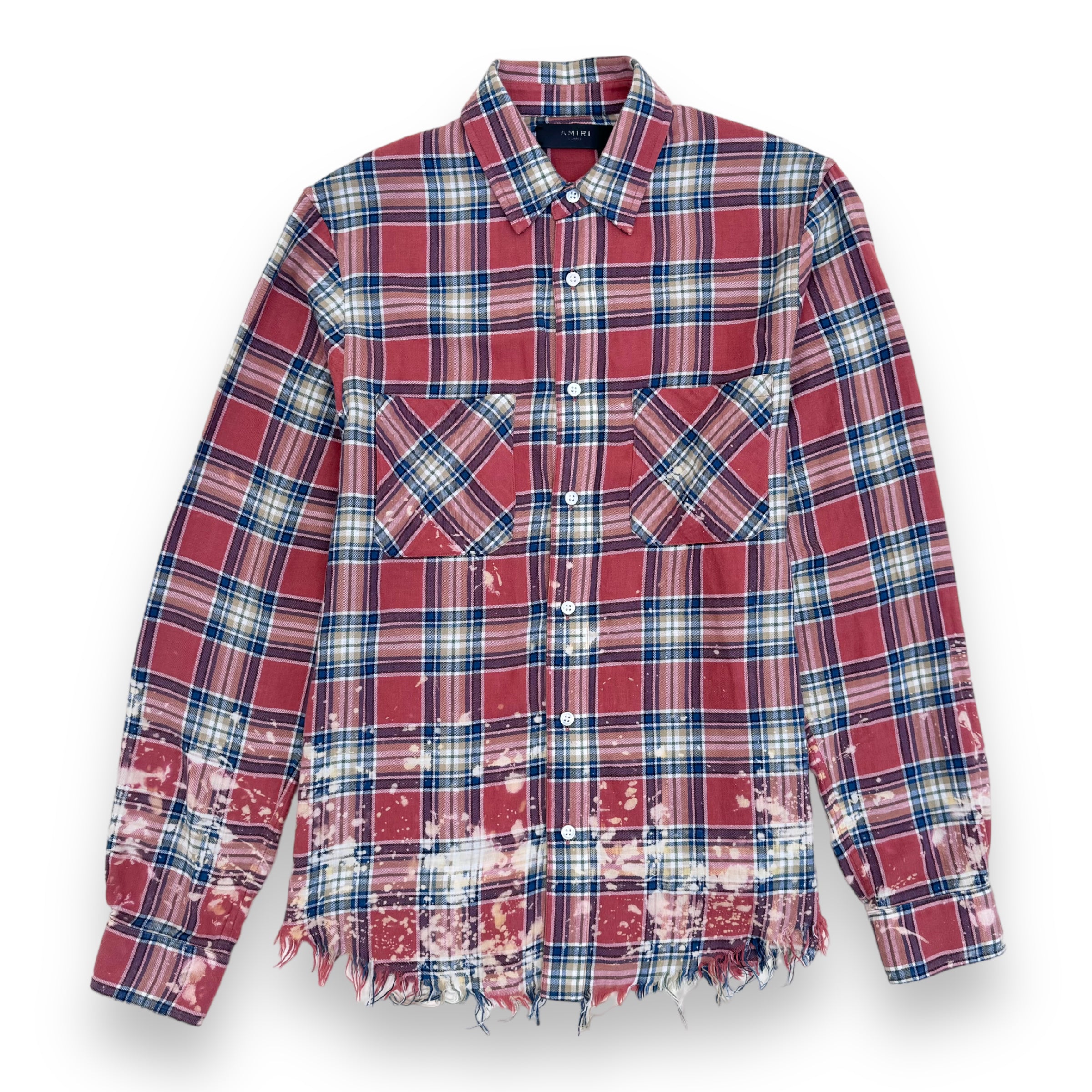 AMIRI LOGO-APPLIQUÉ DISTRESSED CHECKED COTTON / LINEN FLANNEL SHIRT ORANGE XS