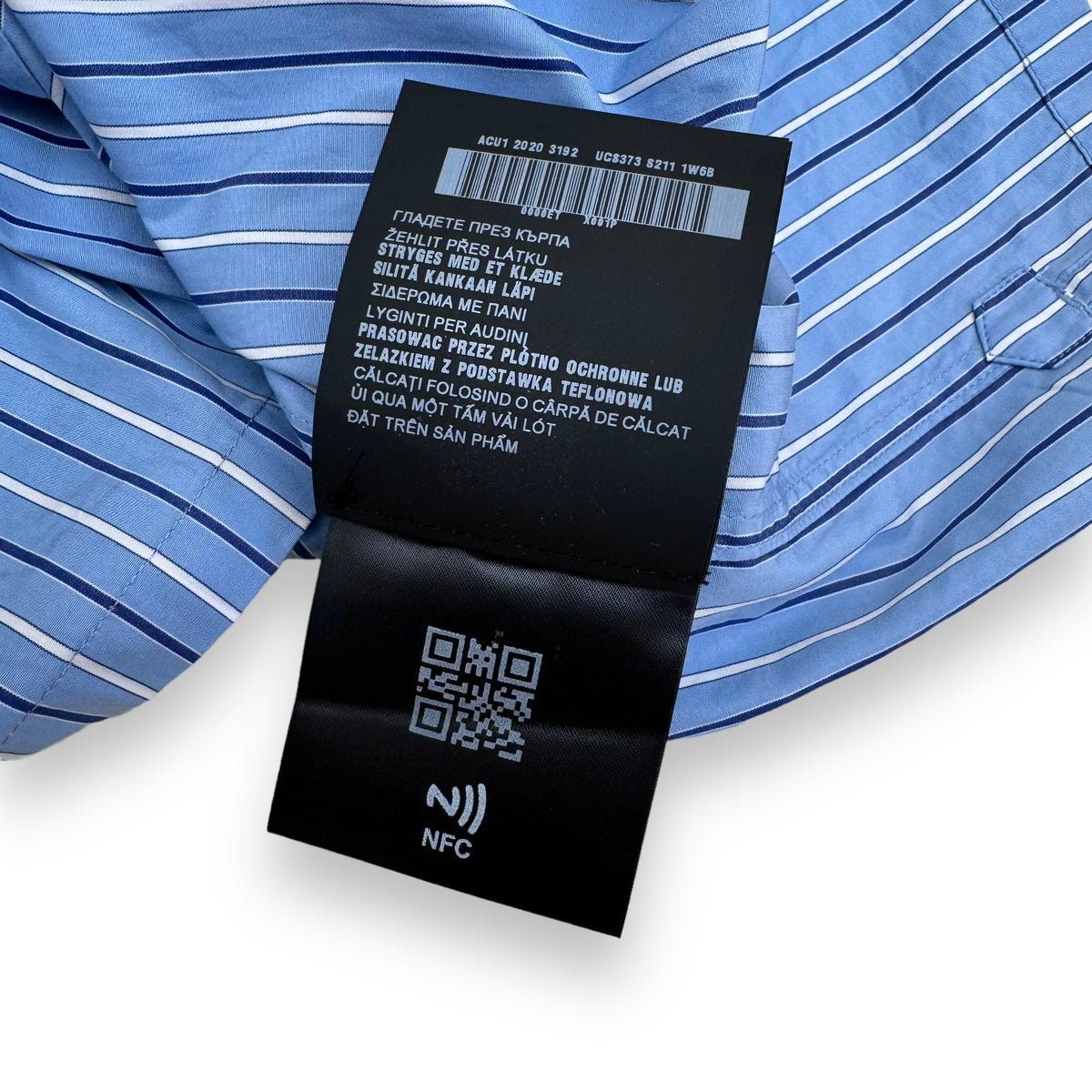 PRADA STRIPED LOGO PATCH COTTON SHORT SLEEVE SHIRT BLUE M