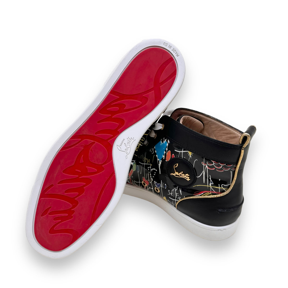 CHRISTIAN LOUBOUTIN PATENT LEATHER GRAFFITI HIGH TOP SNEAKER UK11