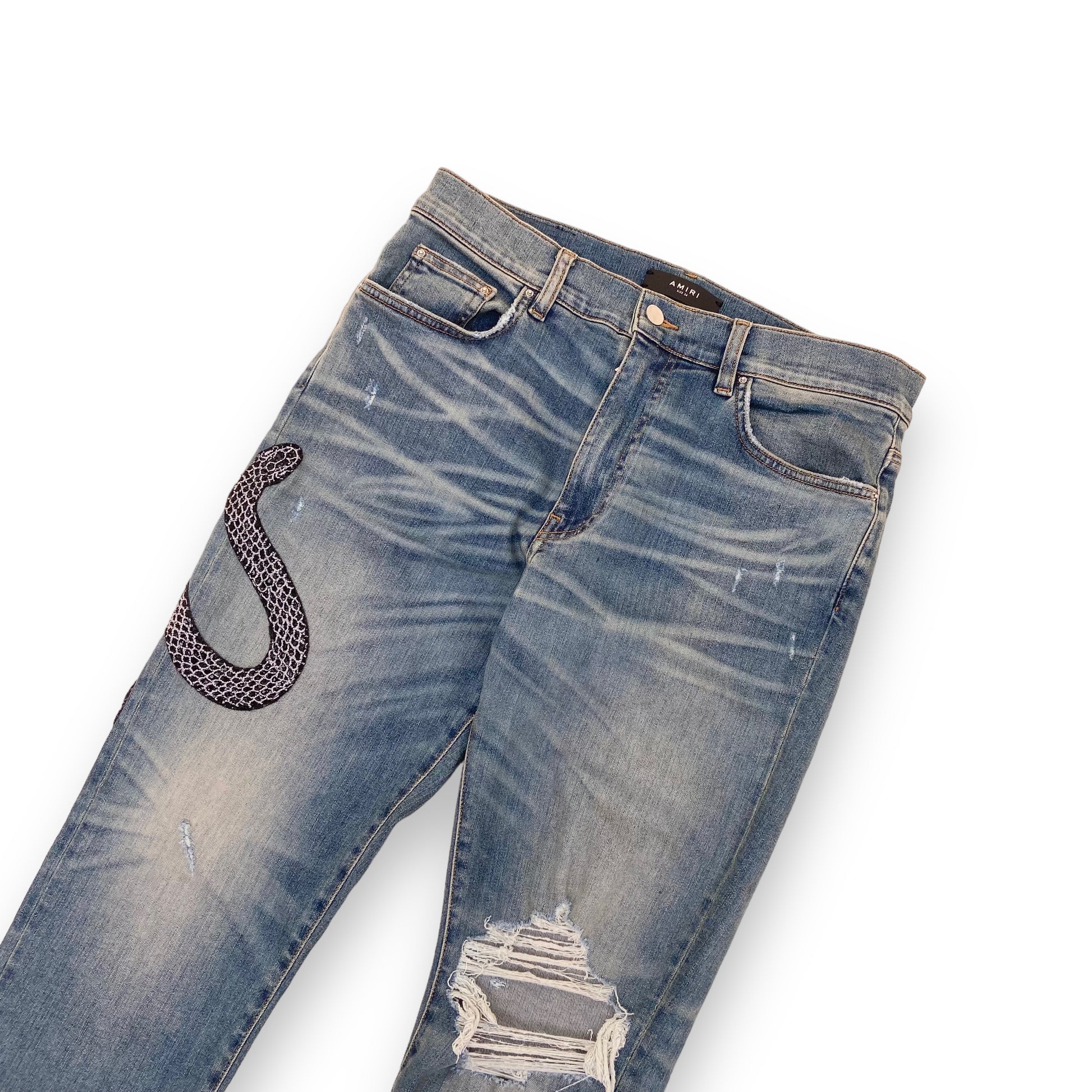 Glitter Amiri Snake Patch AMIRI GLITTER SNAKE DISTRESSED DENIM