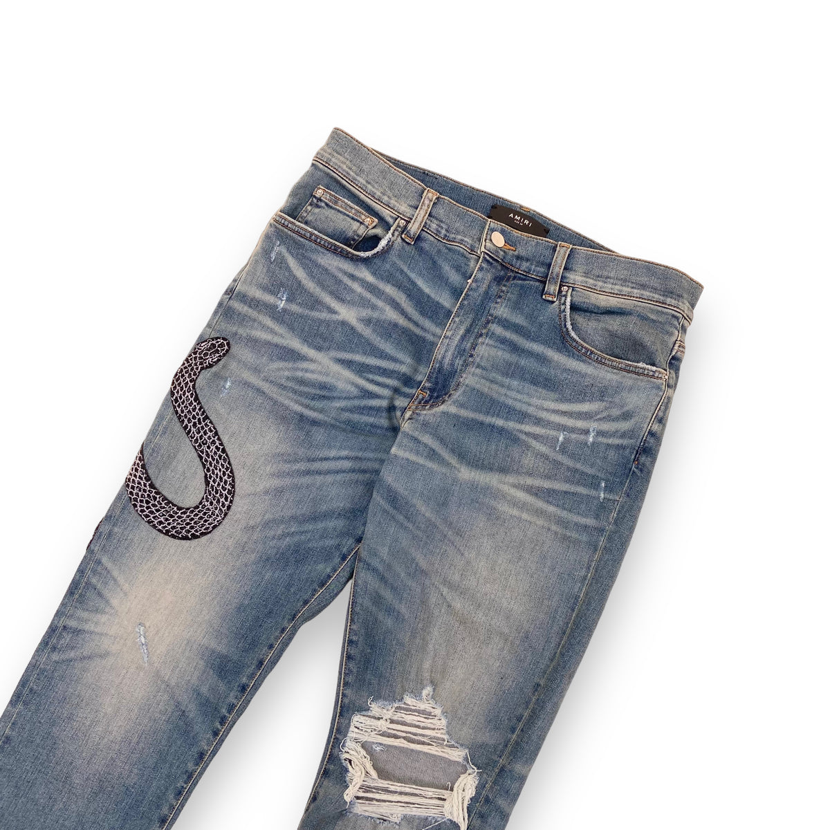 AMIRI GLITTER SNAKE DISTRESSED DENIM JEANS BLUE 34W