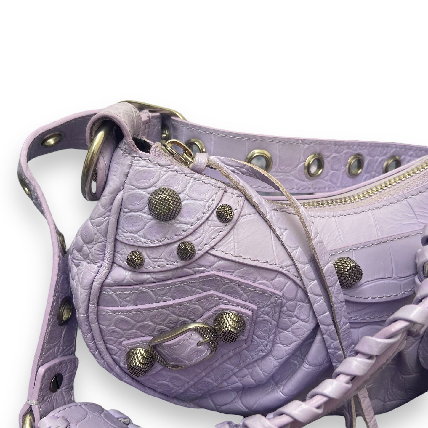 BALENCIAGA LE CAGOLE BRAIDED HANDLE LEATHER SHOULDER BAG LILAC XS