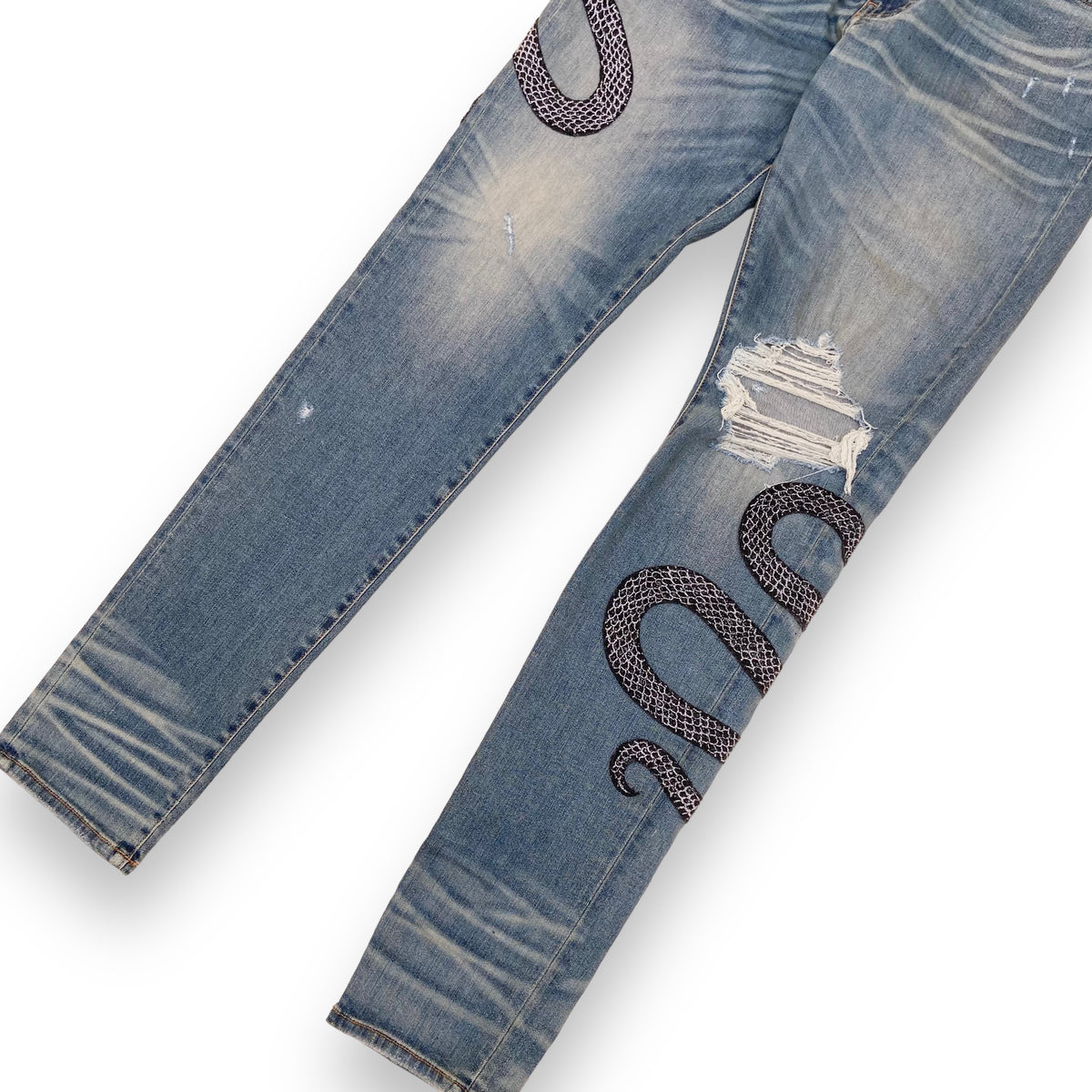AMIRI GLITTER SNAKE DISTRESSED DENIM JEANS BLUE 34W