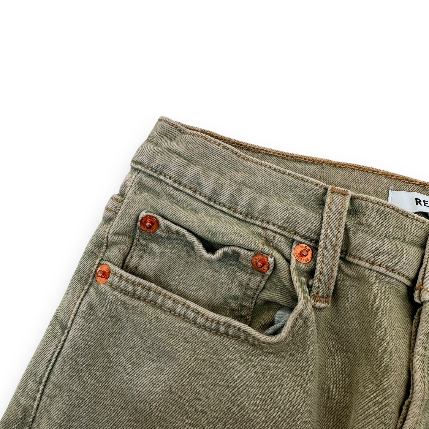 RE-DONE 70’S HIGH RISE STOVE PIPE RAW WASHED DENIM JEANS GREEN 27”