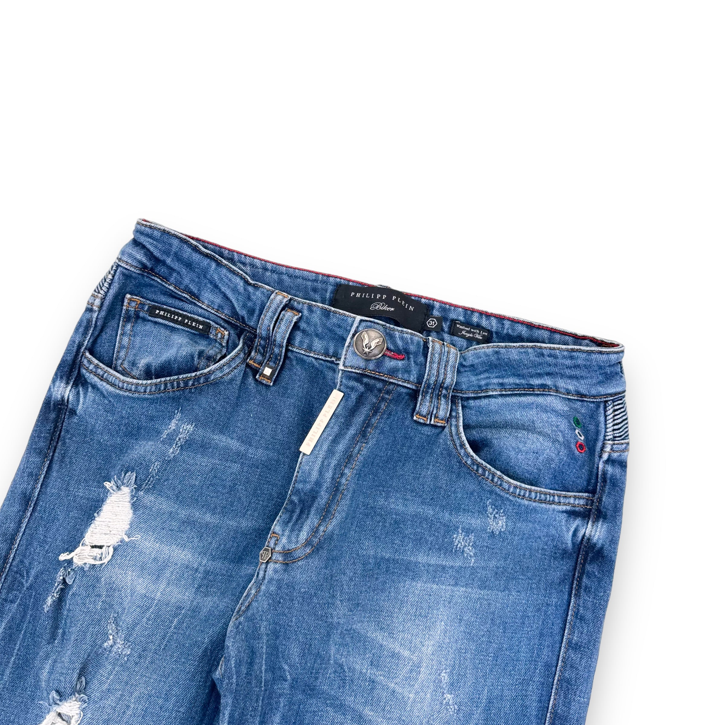 PHILIPP PLEIN BIKER DENIM JEANS BLUE 31W