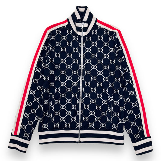 GUCCI GG LOGO-INTARSIA COTTON ZIP-UP TRACK JACKET NAVY L