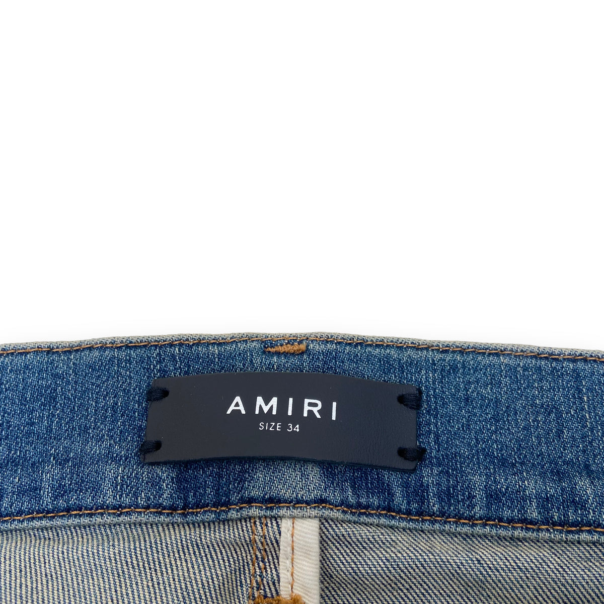 AMIRI GLITTER SNAKE DISTRESSED DENIM JEANS BLUE 34W