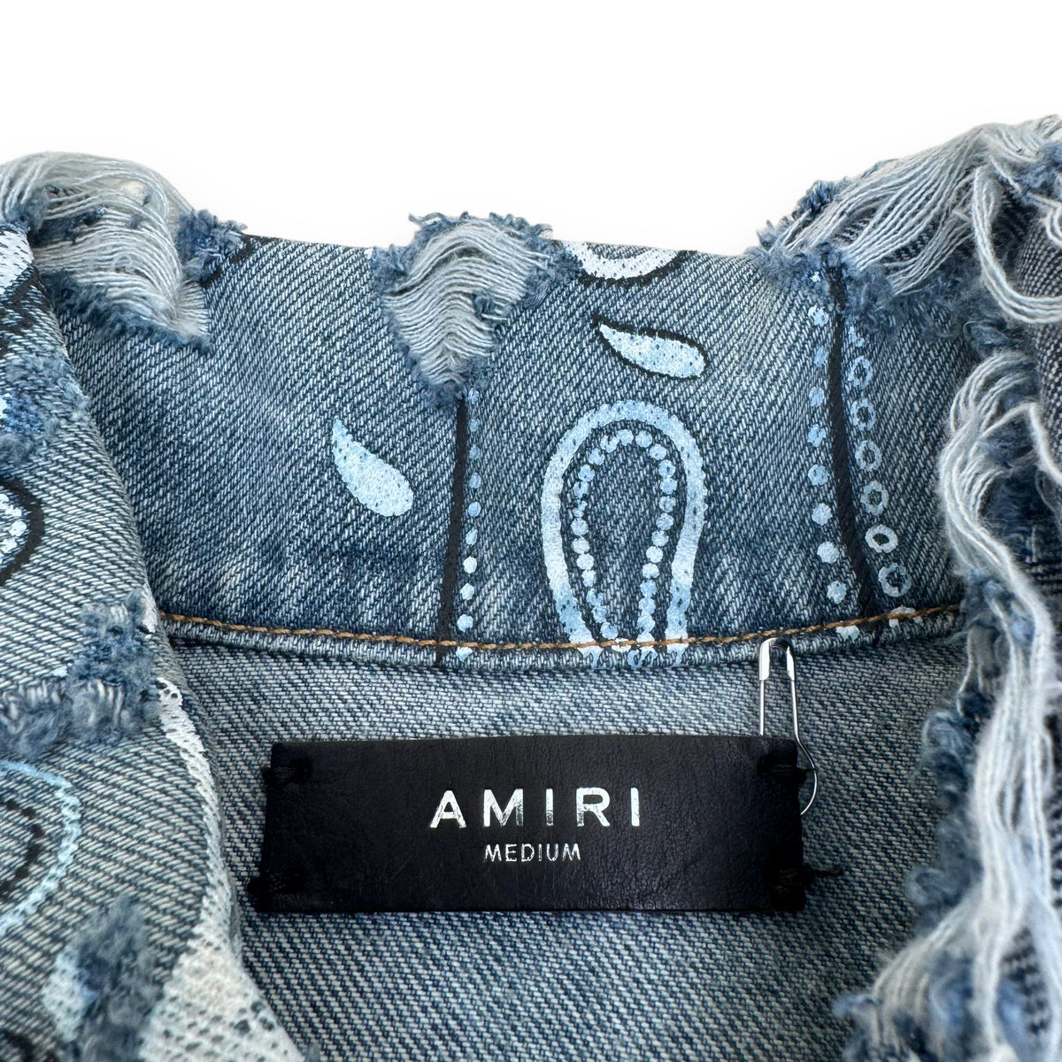 AMIRI SLIM-FIT DISTRESSED BANDANA-PRINT DENIM JACKET BLUE M