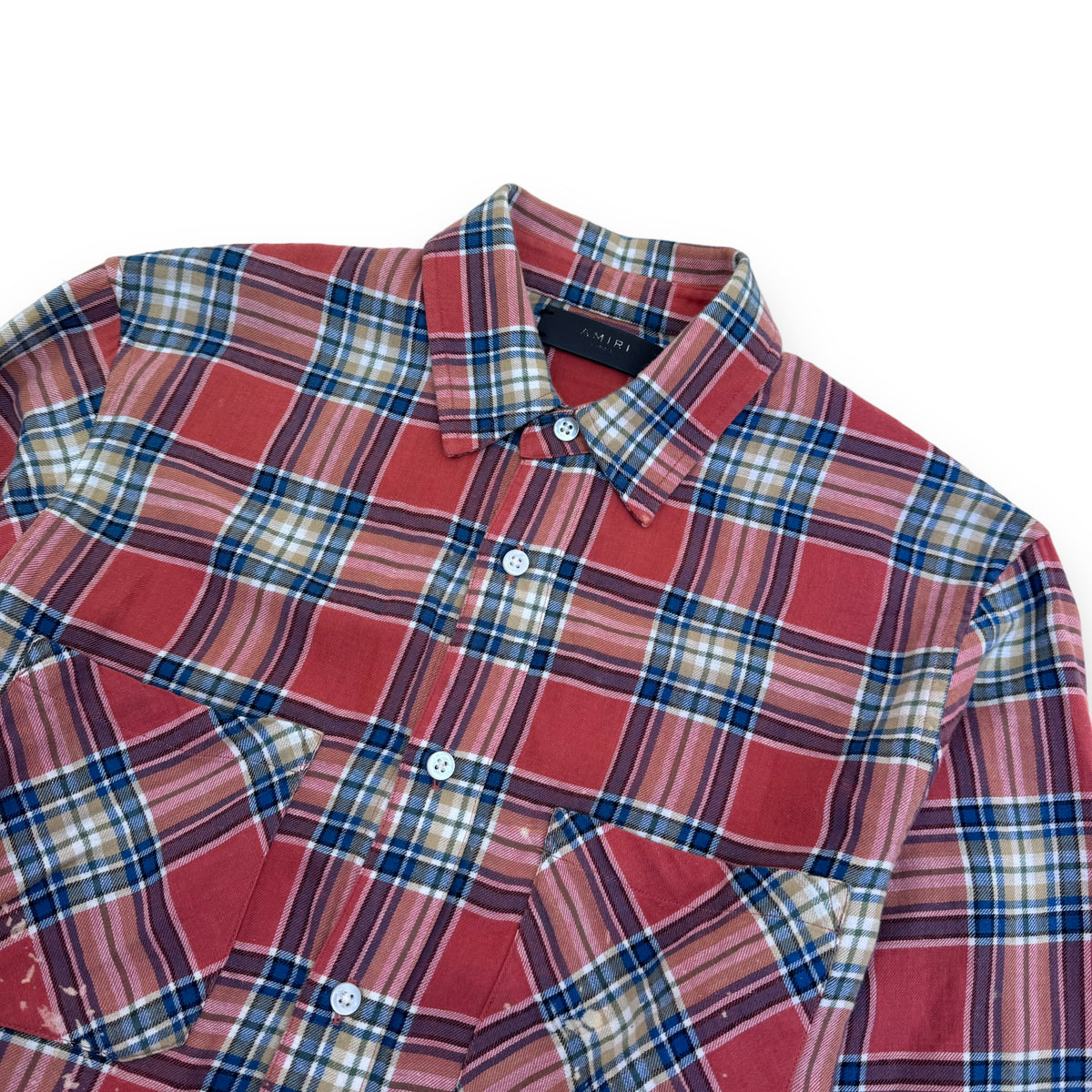 AMIRI LOGO-APPLIQUÉ DISTRESSED CHECKED COTTON / LINEN FLANNEL SHIRT ORANGE XS