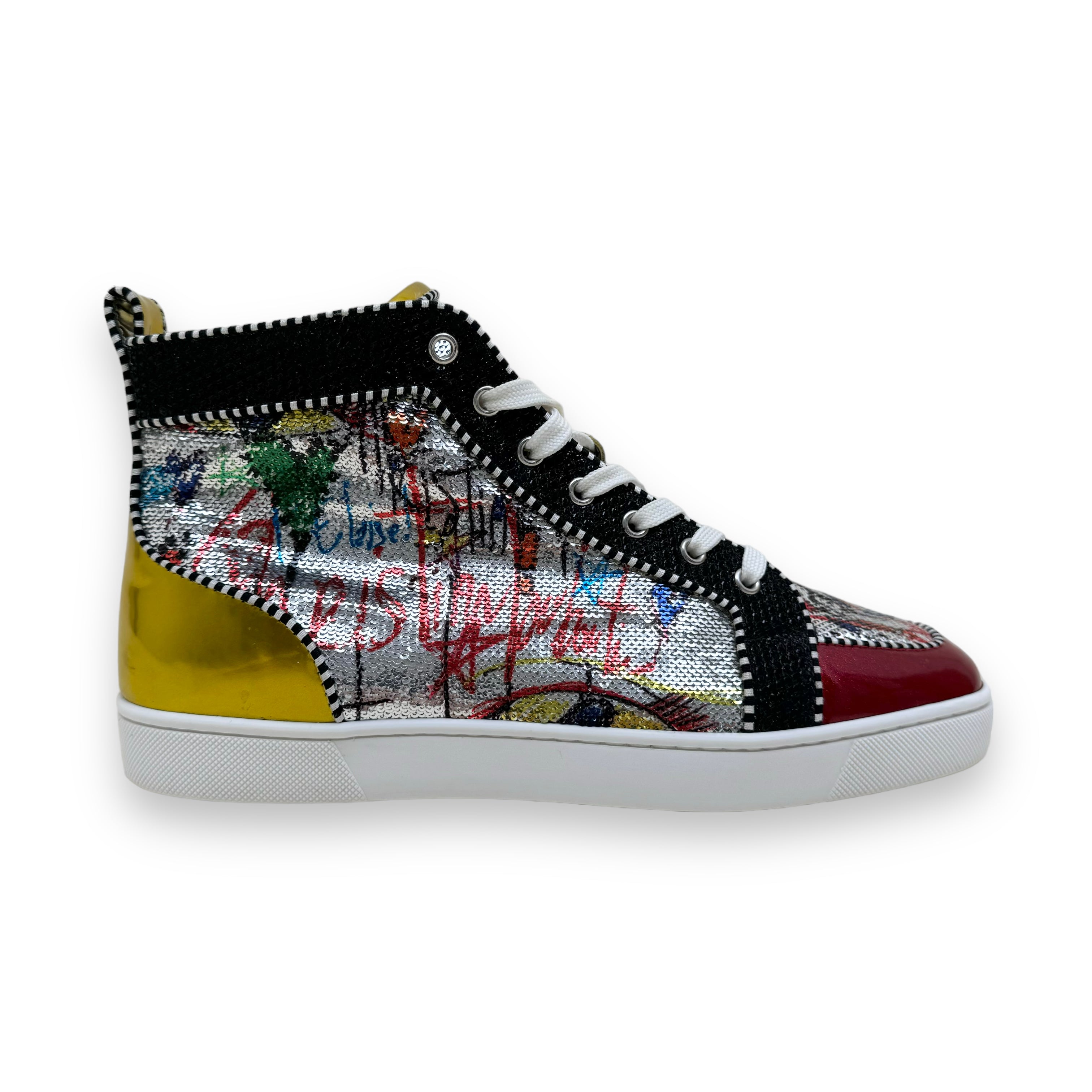CHRISTIAN LOUBOUTIN GRAFFITI SEQUIN / LEATHER RANTUS ORLATO HIGH TOP SNEAKERS UK9