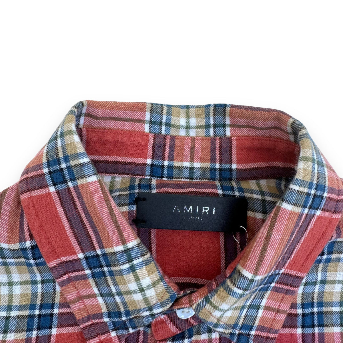 AMIRI LOGO-APPLIQUÉ DISTRESSED CHECKED COTTON / LINEN FLANNEL SHIRT ORANGE XS