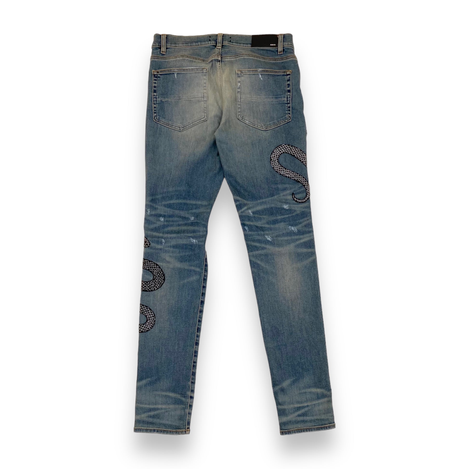 AMIRI GLITTER SNAKE DISTRESSED DENIM JEANS BLUE 34W – Wylist
