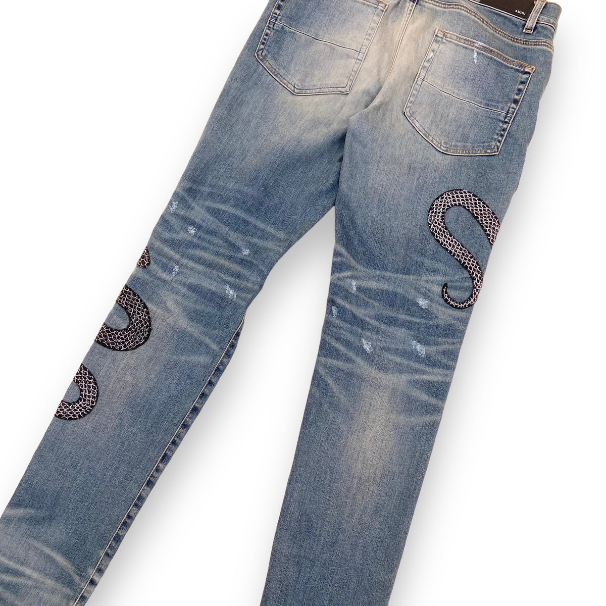AMIRI GLITTER SNAKE DISTRESSED DENIM JEANS BLUE 34W