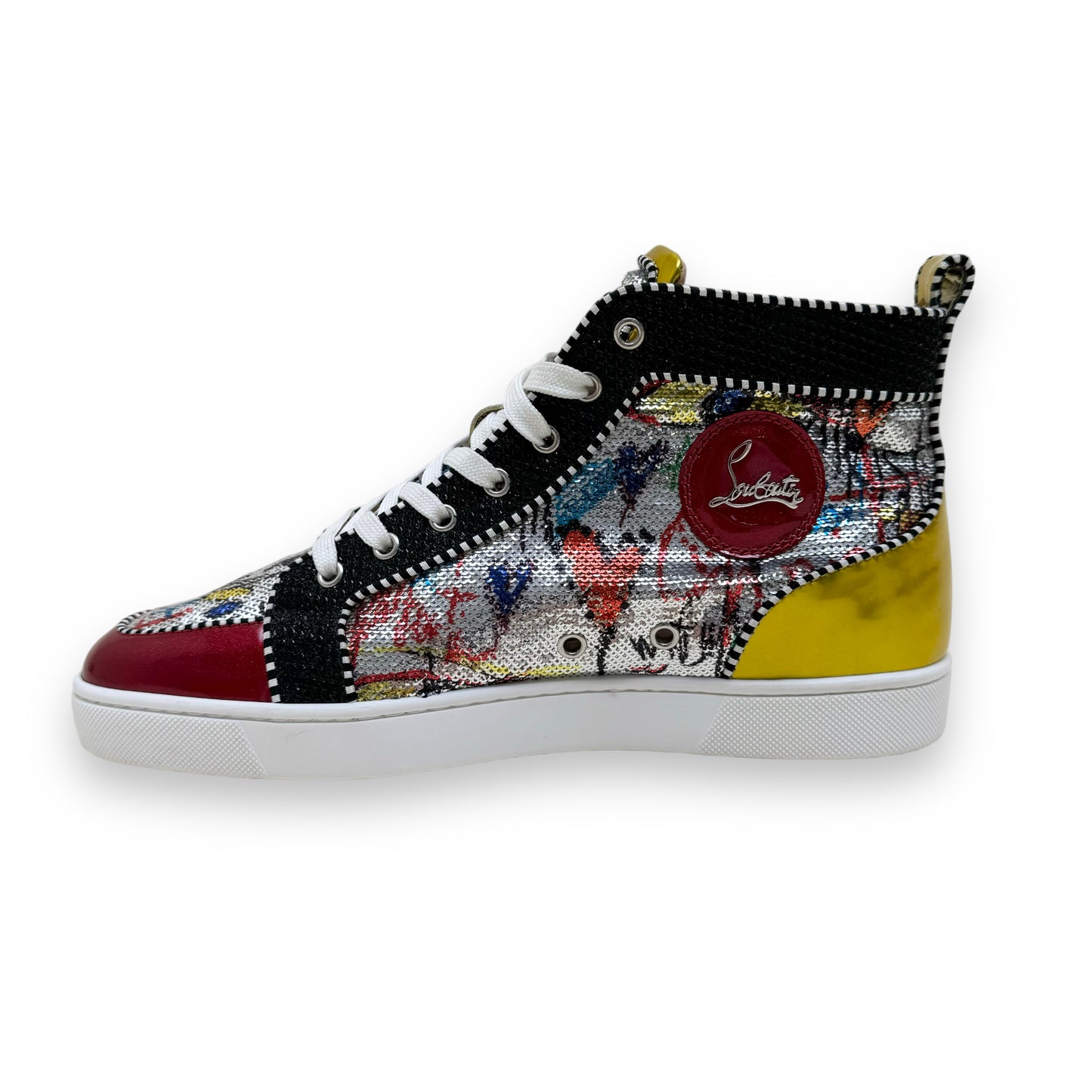 CHRISTIAN LOUBOUTIN GRAFFITI SEQUIN / LEATHER RANTUS ORLATO HIGH TOP SNEAKERS UK9