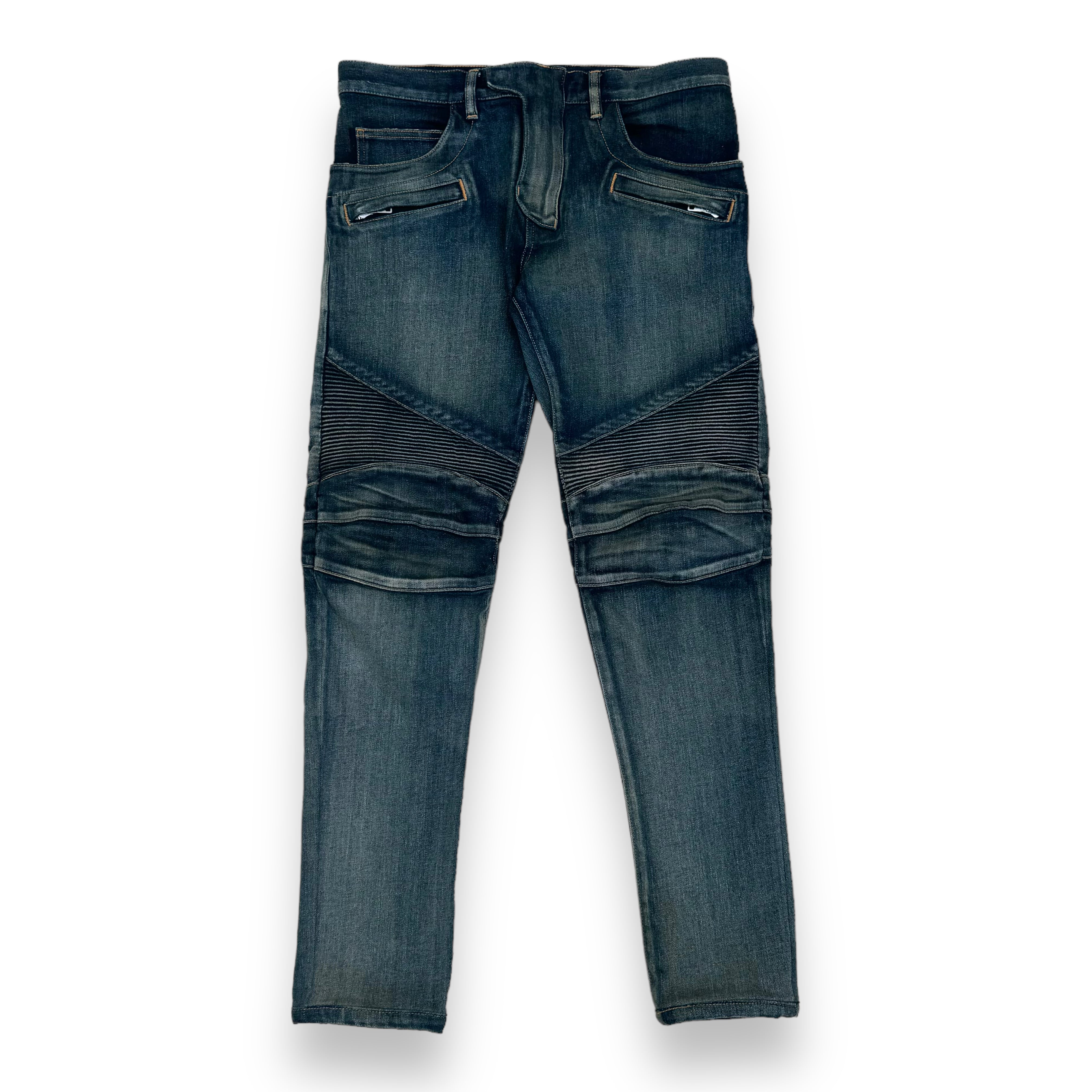 BALMAIN PANELLED BIKER JEANS BLUE 34W