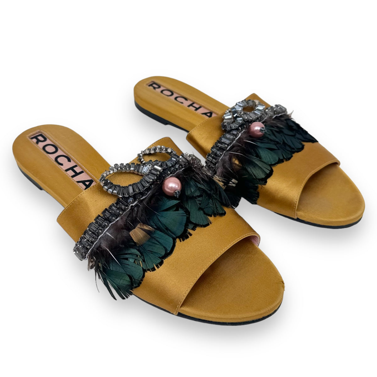 ROCHAS BONITA CRYSTAL AND PLUME EMBELLISHED SANDALS GOLD UK8